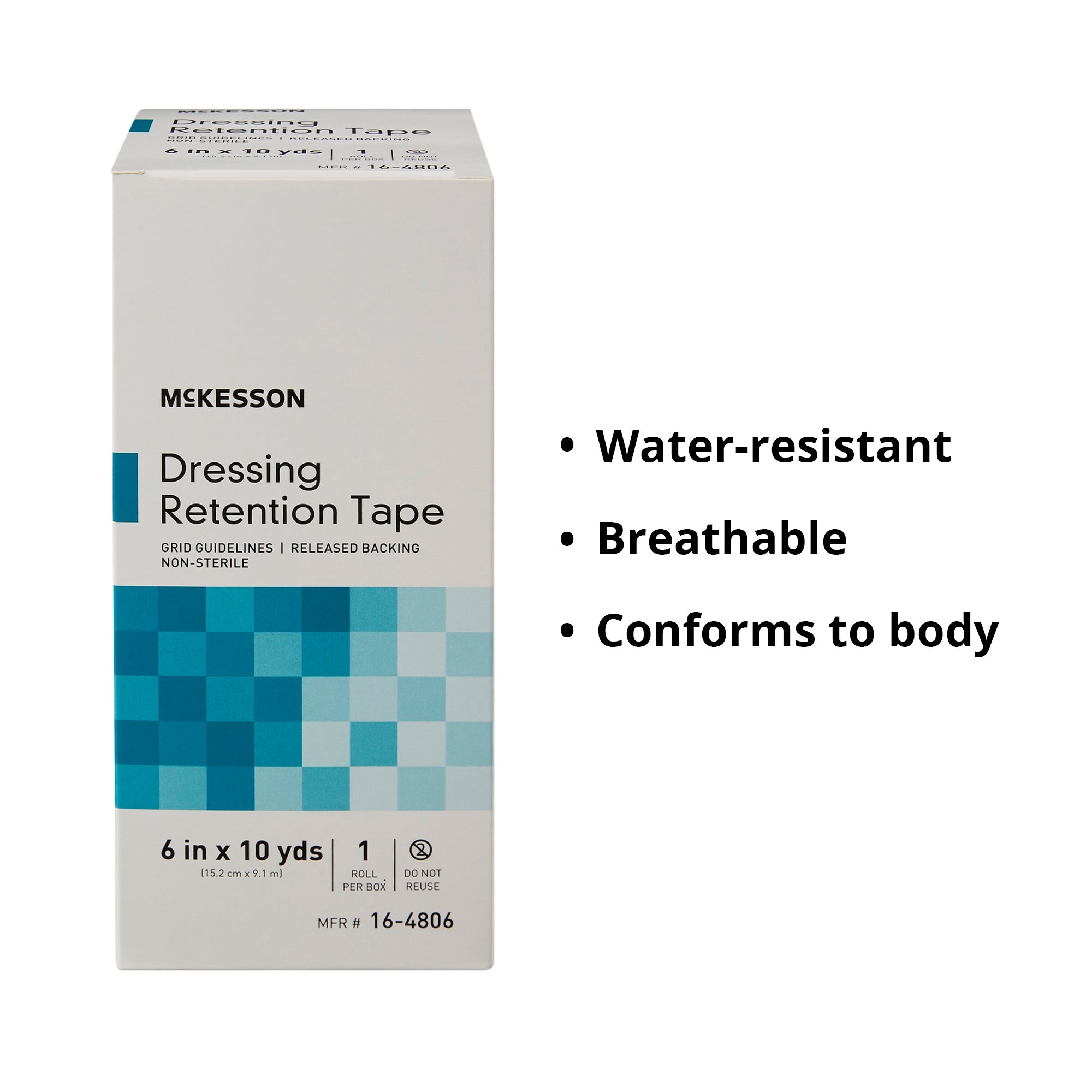 Water Resistant Dressing Retention Tape with Liner McKesson White 6 Inch X 10 Yard Nonwoven / Printed Release Paper NonSterile, Packaging Type- Case