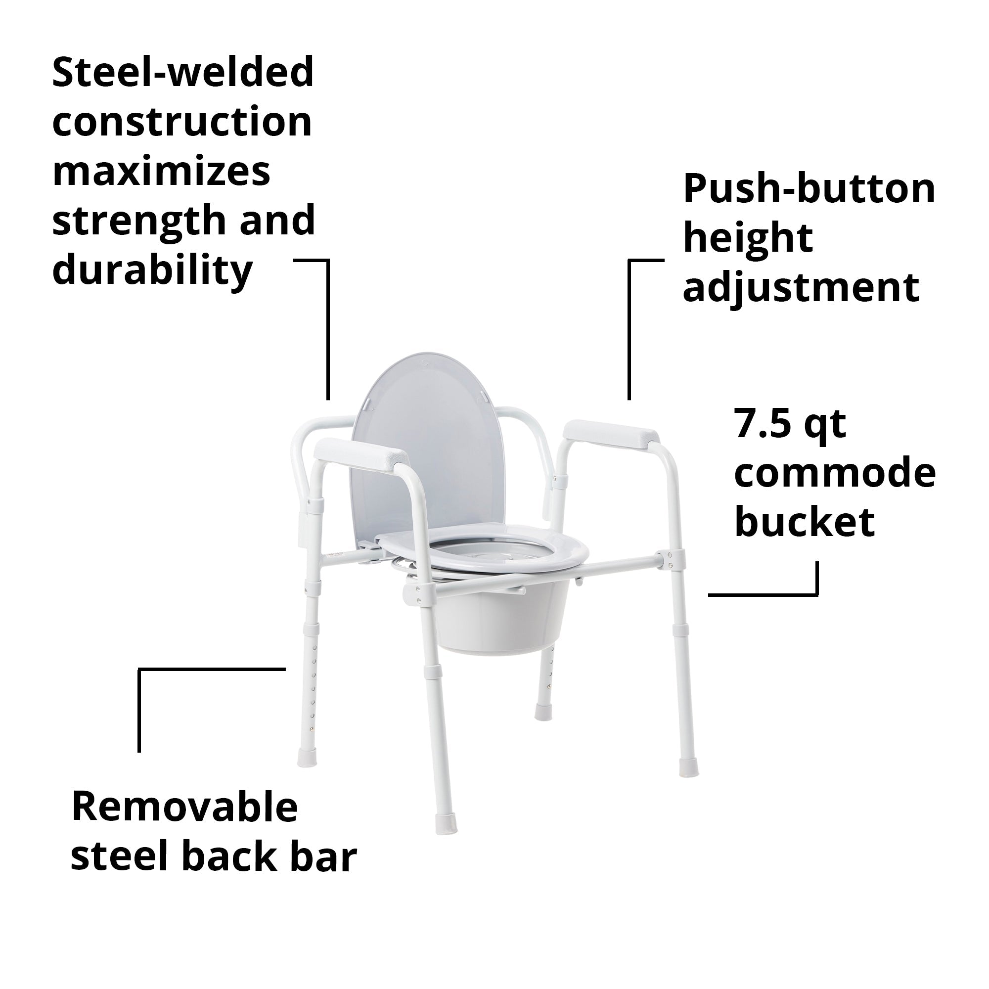 Silla con inodoro 3 en 1 McKesson con brazos fijos, estructura de acero, respaldo de 34 cm de ancho y capacidad de peso de 158 kg. Empaque: caja.