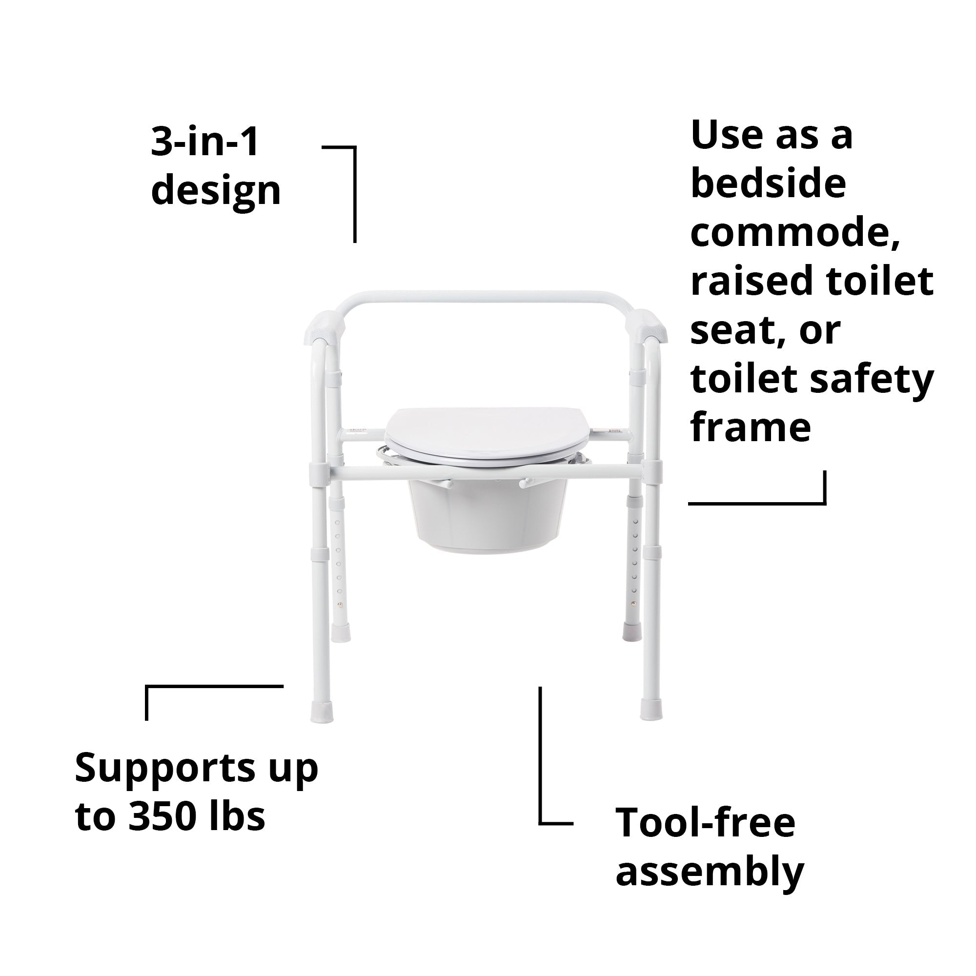 Silla con inodoro 3 en 1 McKesson con brazos fijos, estructura de acero, respaldo de 34 cm de ancho y capacidad de peso de 158 kg. Empaque: caja.