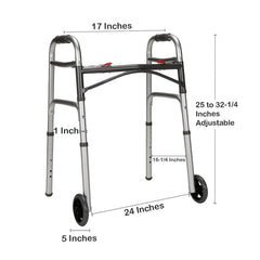 McKesson Dual Release Folding Walker with Wheels | 350 lbs Capacity, Adjustable Height (25–32.25 Inch)