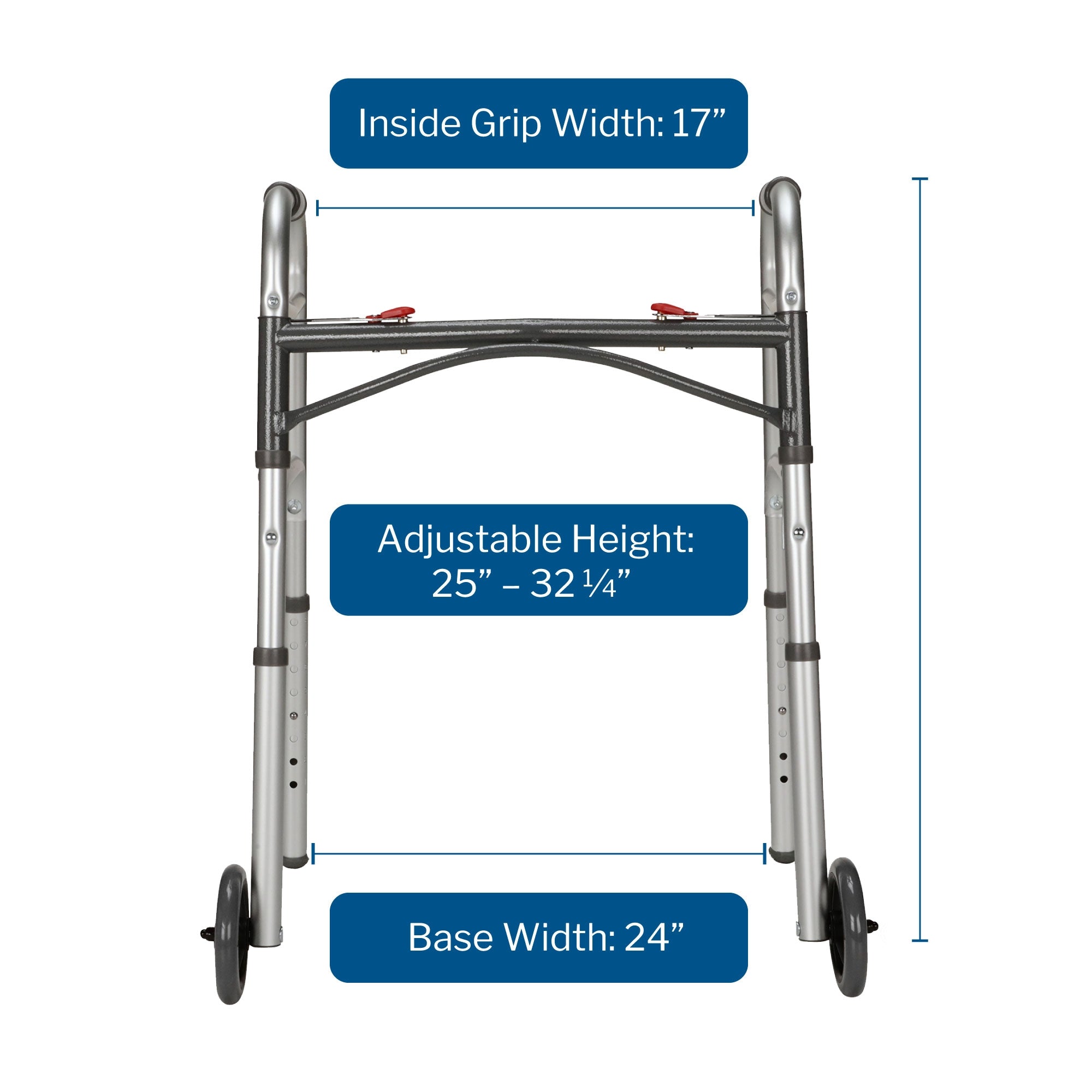 Dual Release Folding Walker with Wheels Adjustable Height McKesson Aluminum Frame 350 lbs. Weight Capacity 25 to 32-1/4 Inch Height, Packaging Type- Case