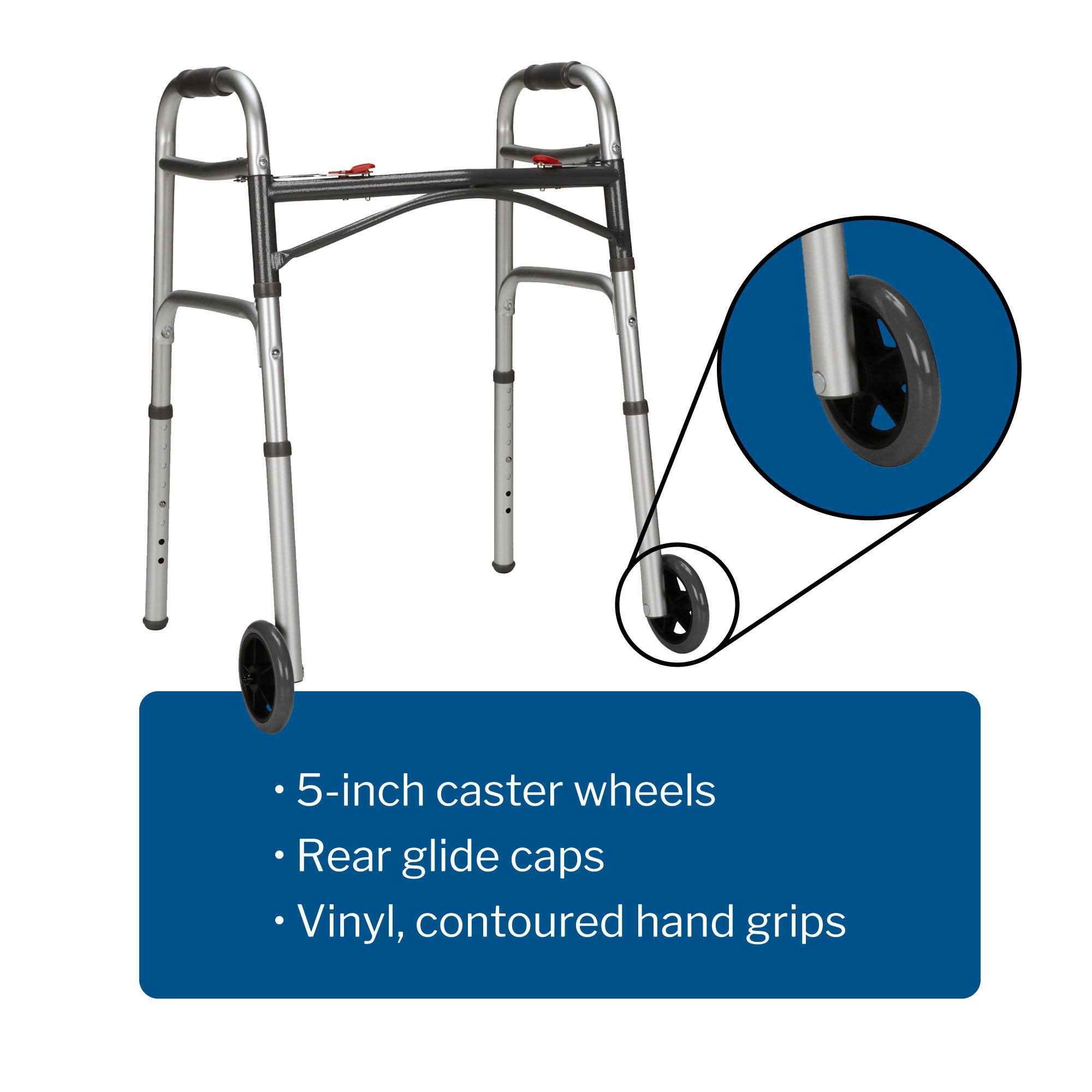 Dual Release Folding Walker with Wheels Adjustable Height McKesson Aluminum Frame 350 lbs. Weight Capacity 25 to 32-1/4 Inch Height, Packaging Type- Case