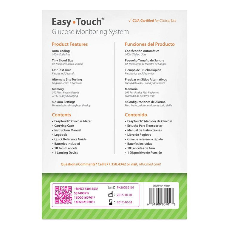 Blood Glucose Meter Easy Touch 5 Second Results Stores up to 300 Result No Coding Required,Packaging Type- Box