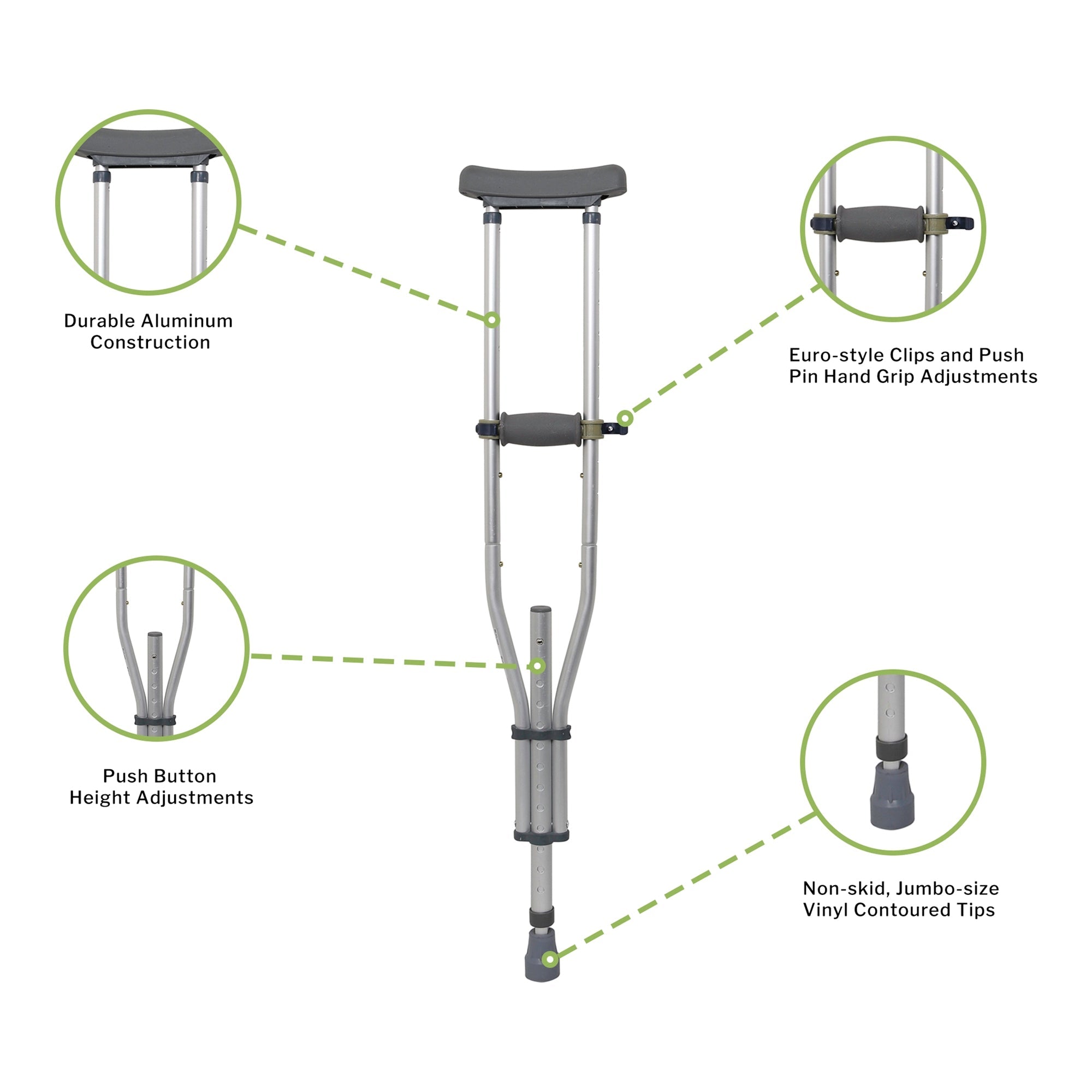 Underarm Crutches McKesson Youth / Adult / Tall Adult 4 Foot 6 Inch to 6 Foot 6 Inch User Height Aluminum Frame 300 lbs. Weight Capacity, Packaging Type- Case