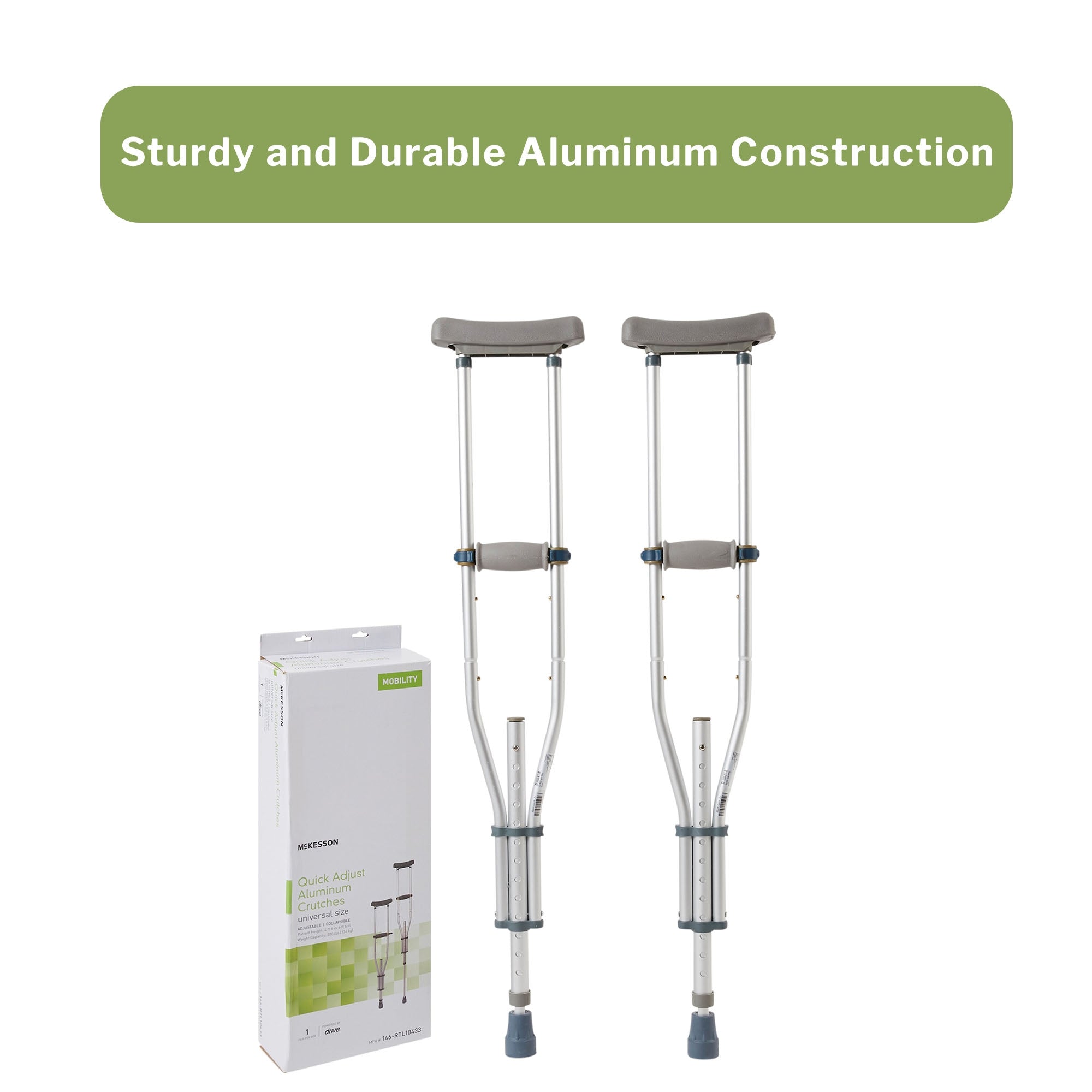 Underarm Crutches McKesson Youth / Adult / Tall Adult 4 Foot 6 Inch to 6 Foot 6 Inch User Height Aluminum Frame 300 lbs. Weight Capacity, Packaging Type- Case
