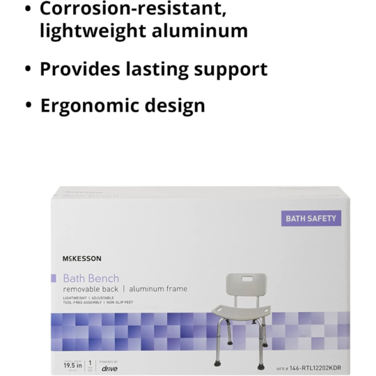 Bath Bench McKesson Without Arms Aluminum Frame Removable Backrest 19-1/4 Inch Seat Width 300 lbs. Weight Capacity, Packaging Type- Case