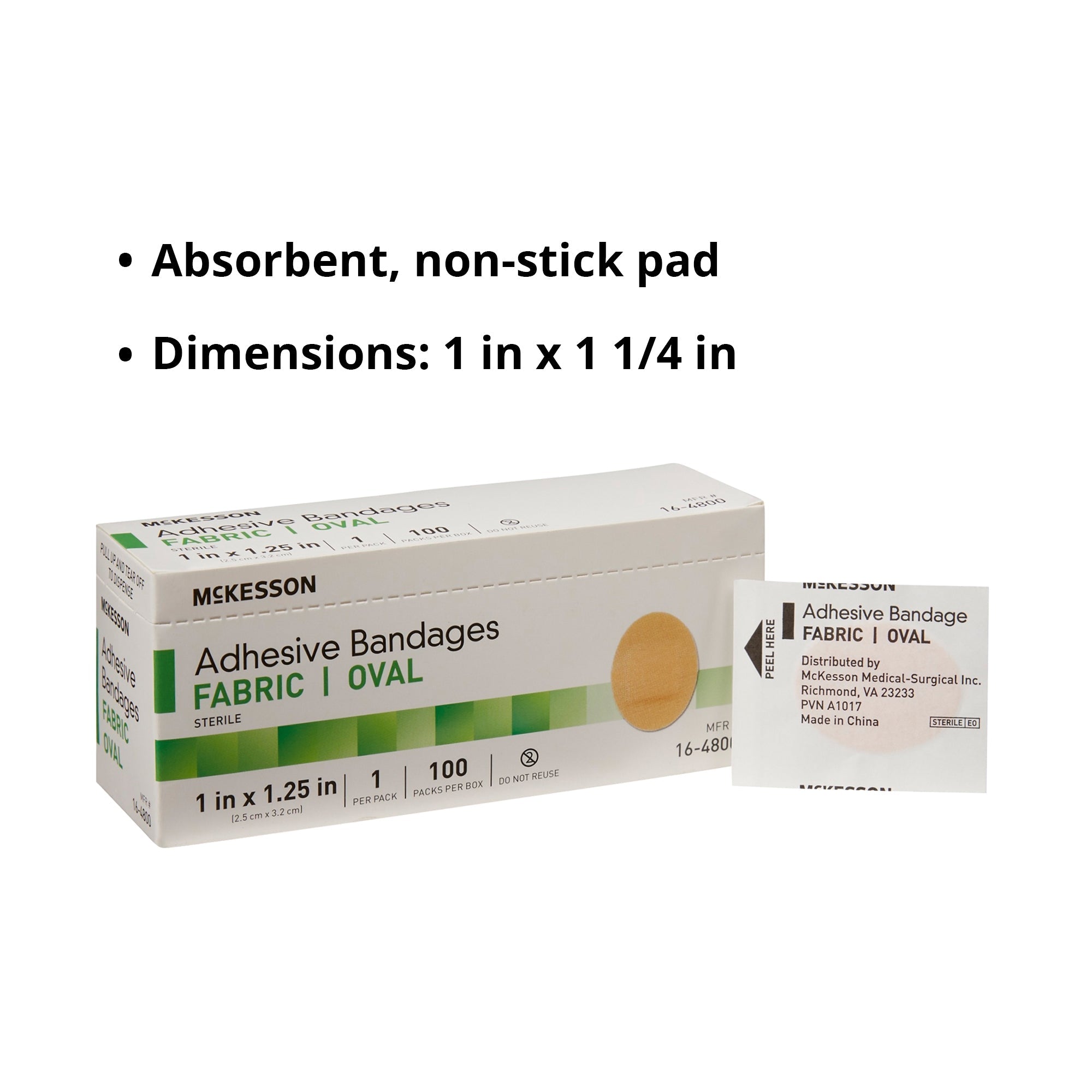 Tira adhesiva McKesson de tela ovalada de 1 x 1-1/4 pulgadas, color canela, estéril, tipo de embalaje: estuche