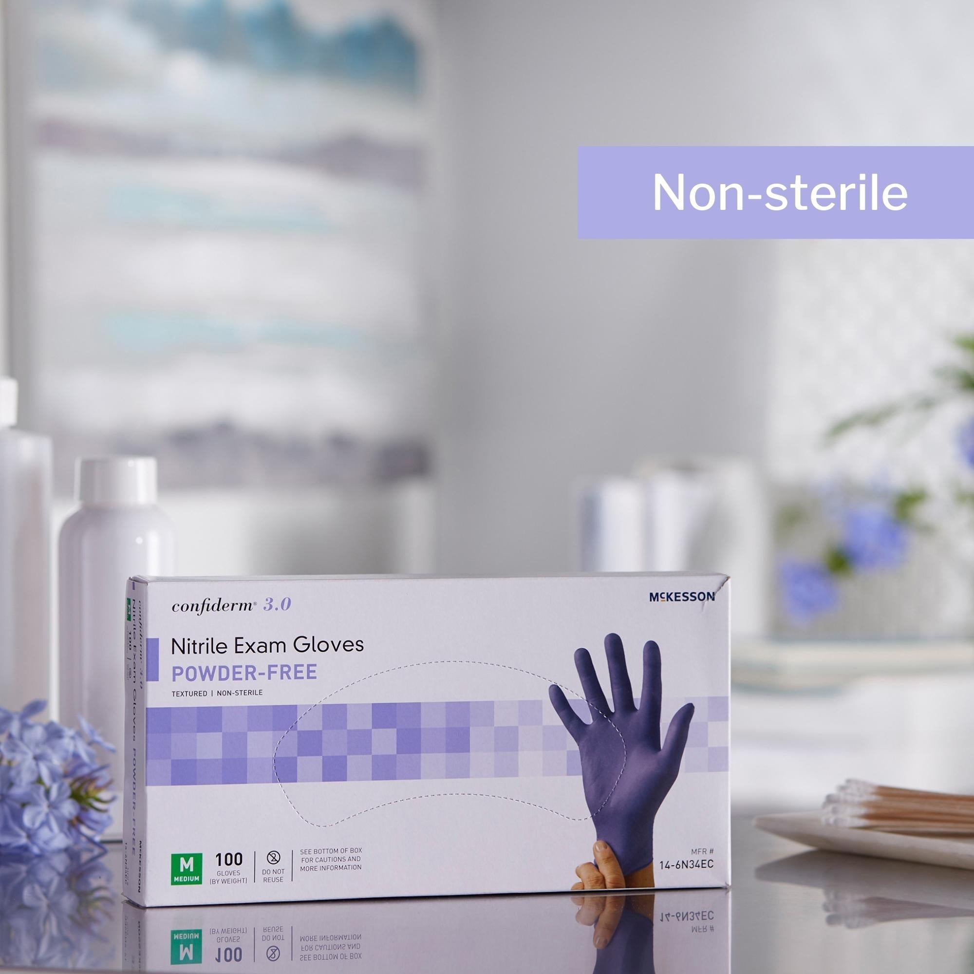 exam glove mckesson confiderm 3 0 medium nonsterile nitrile standard cuff length textured fingertips blue not rated packaging type box