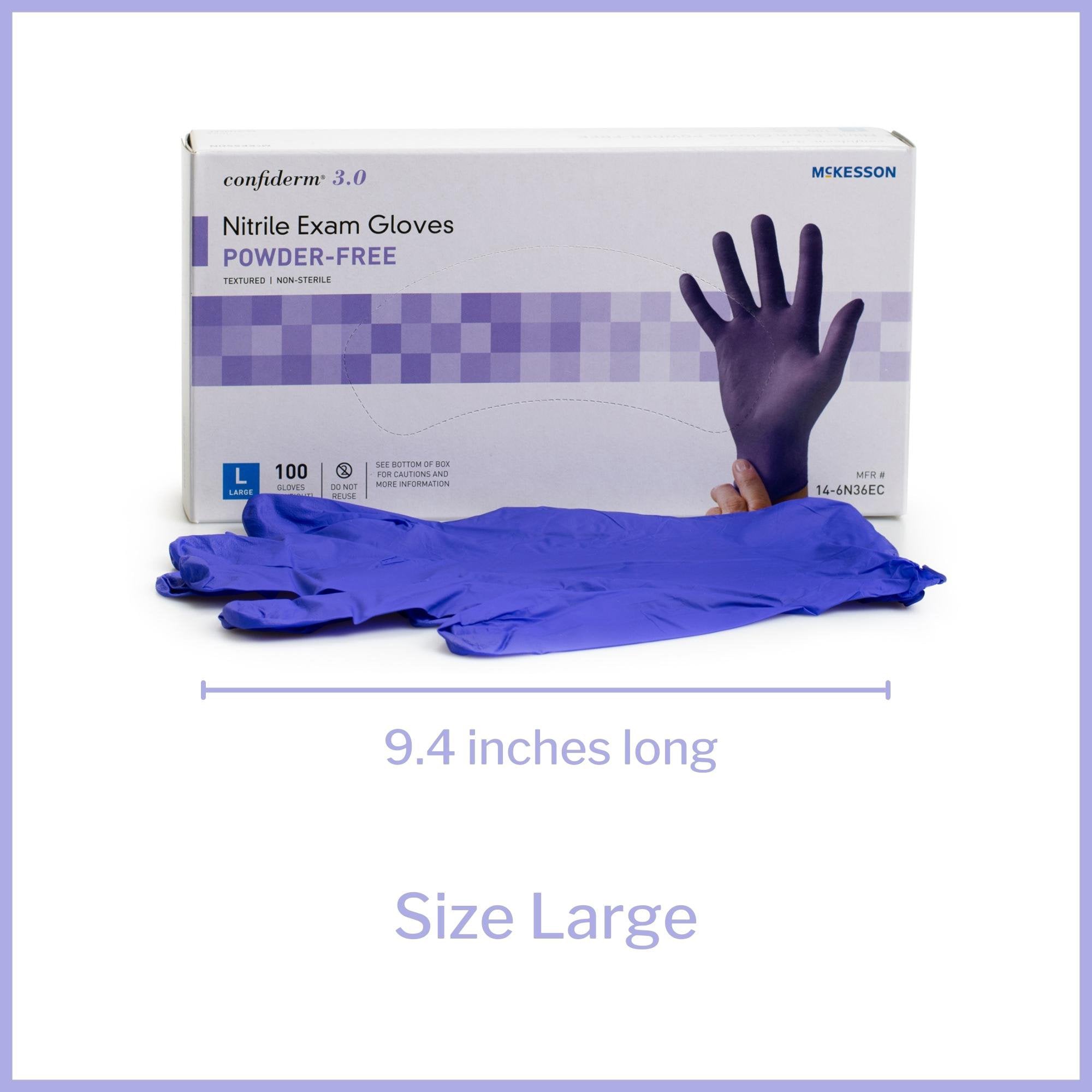 exam glove mckesson confiderm 3 0 large nonsterile nitrile standard cuff length textured fingertips blue not rated packaging type box