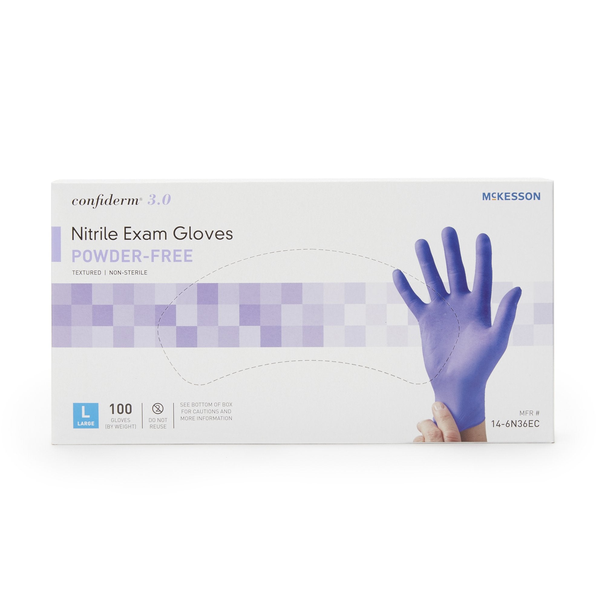 exam glove mckesson confiderm 3 0 large nonsterile nitrile standard cuff length textured fingertips blue not rated packaging type box