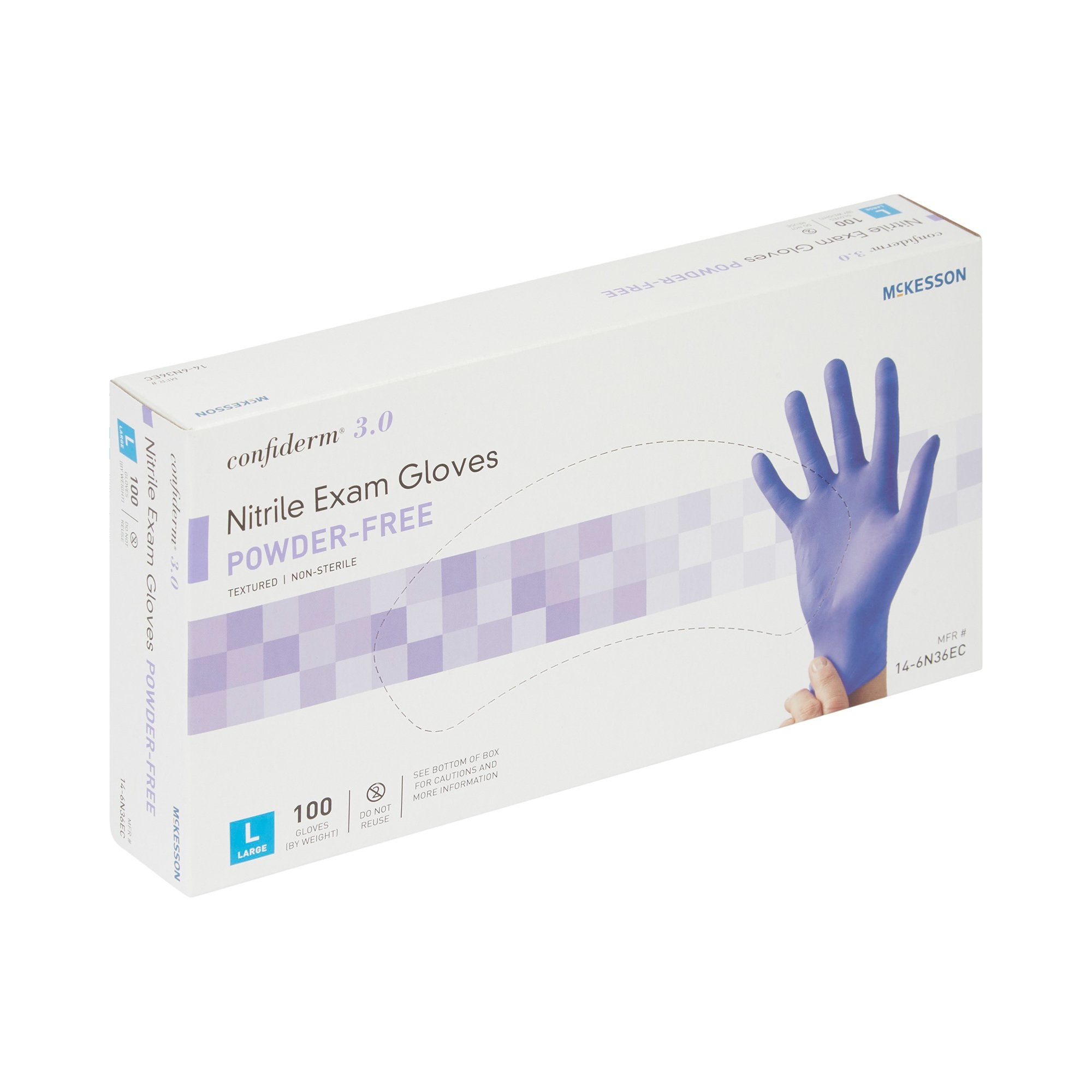 exam glove mckesson confiderm 3 0 large nonsterile nitrile standard cuff length textured fingertips blue not rated packaging type box