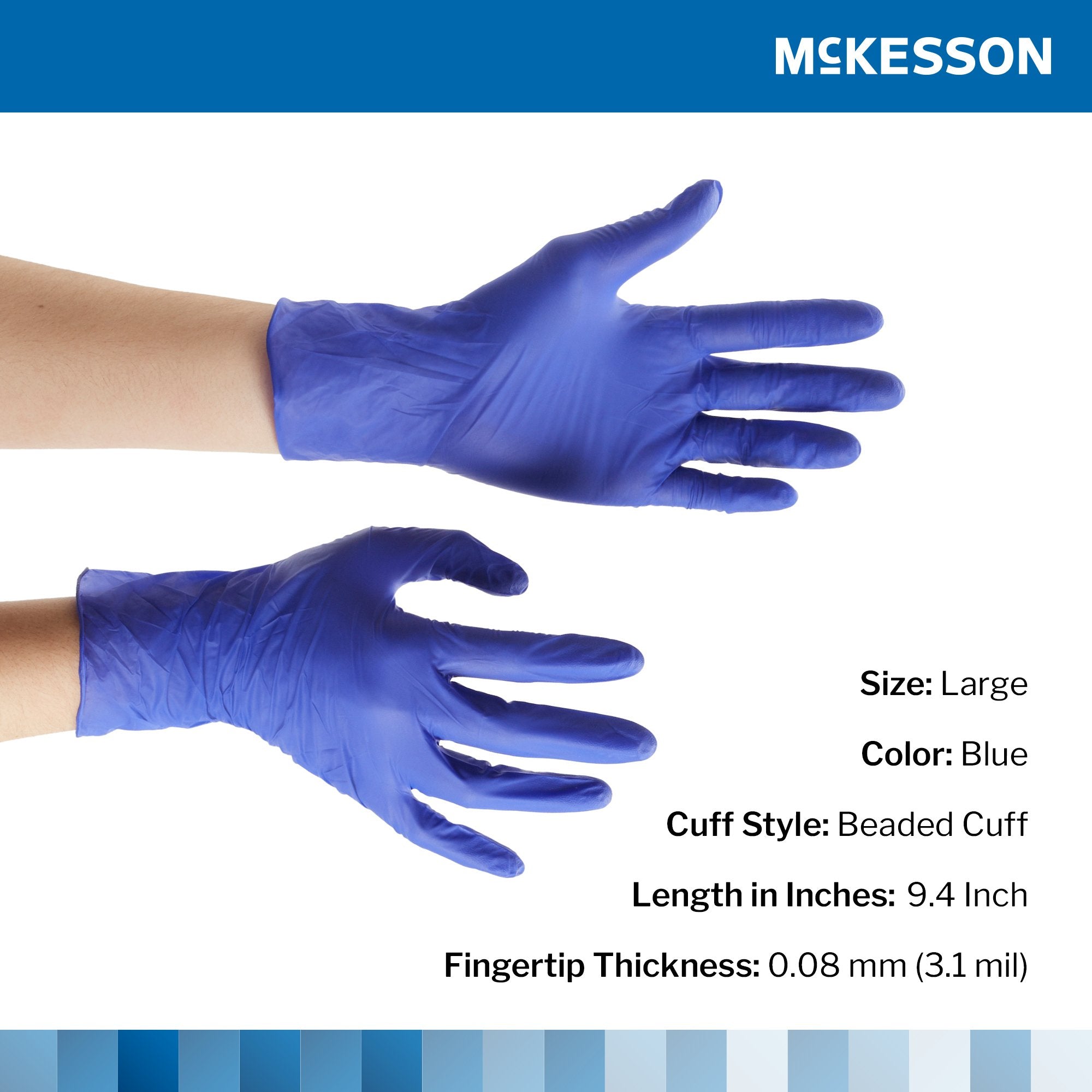 exam glove mckesson confiderm 3 0 large nonsterile nitrile standard cuff length textured fingertips blue not rated packaging type box