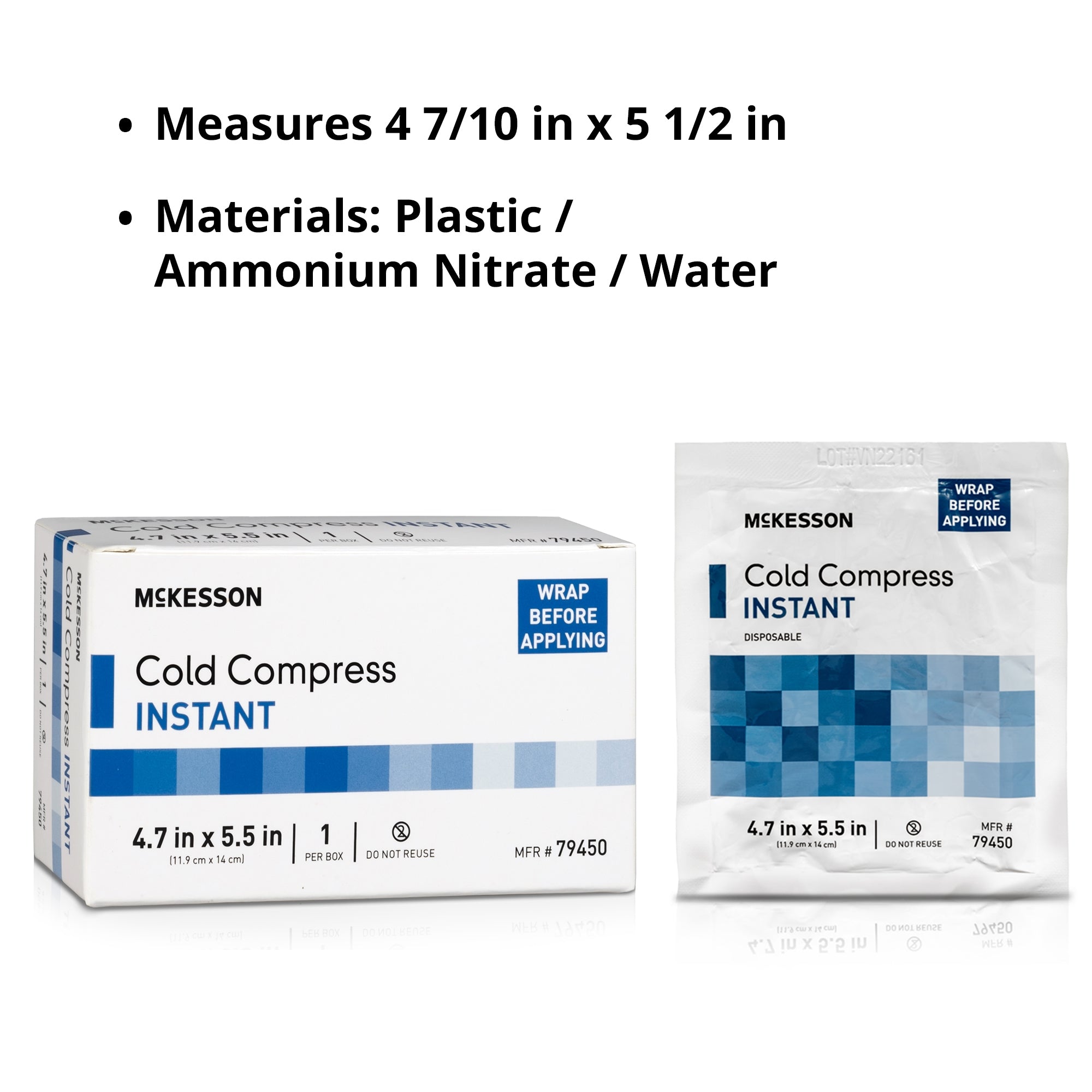 Instant Cold Pack McKesson General Purpose 4-7/10 X 5-1/2 Inch Plastic / Ammonium Nitrate / Water Disposable, Packaging Type- Case