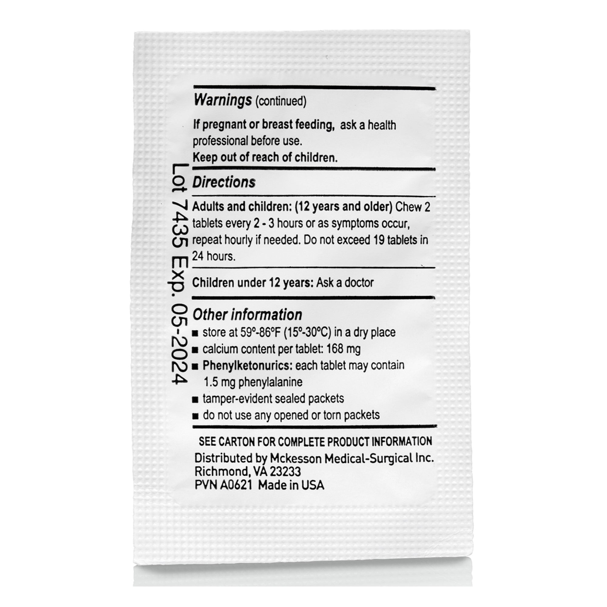Antacid McKesson Brand 420 mg Strength Tablet 250 Packets per Box, 2 Tablets per Packet