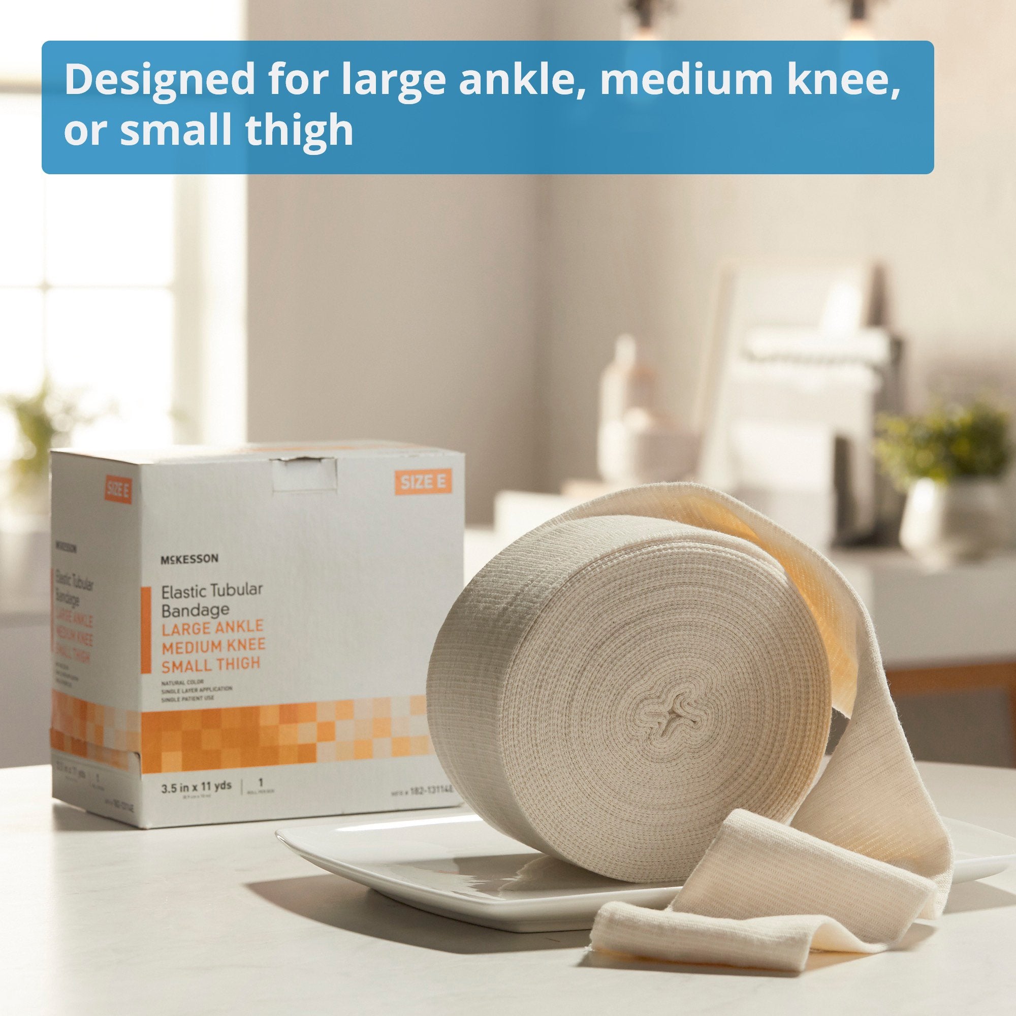 Elastic Tubular Support Bandage McKesson Spandagrip 3-1/2 Inch X 11 Yard Large Ankle / Medium Knee Pull On Natural NonSterile Size E Standard Compression, Packaging Type- Case
