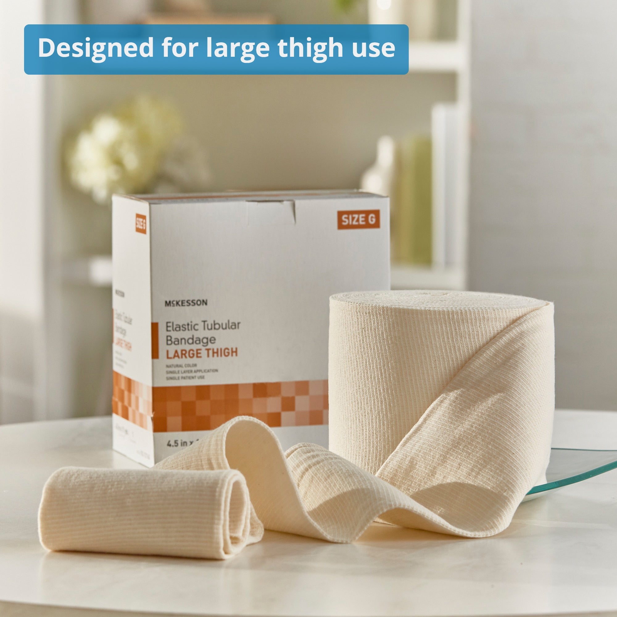 Elastic Tubular Support Bandage McKesson Spandagrip 4-1/2 Inch X 11 Yard Large Thigh Pull On Natural NonSterile Size G Standard Compression, Packaging Type- Case
