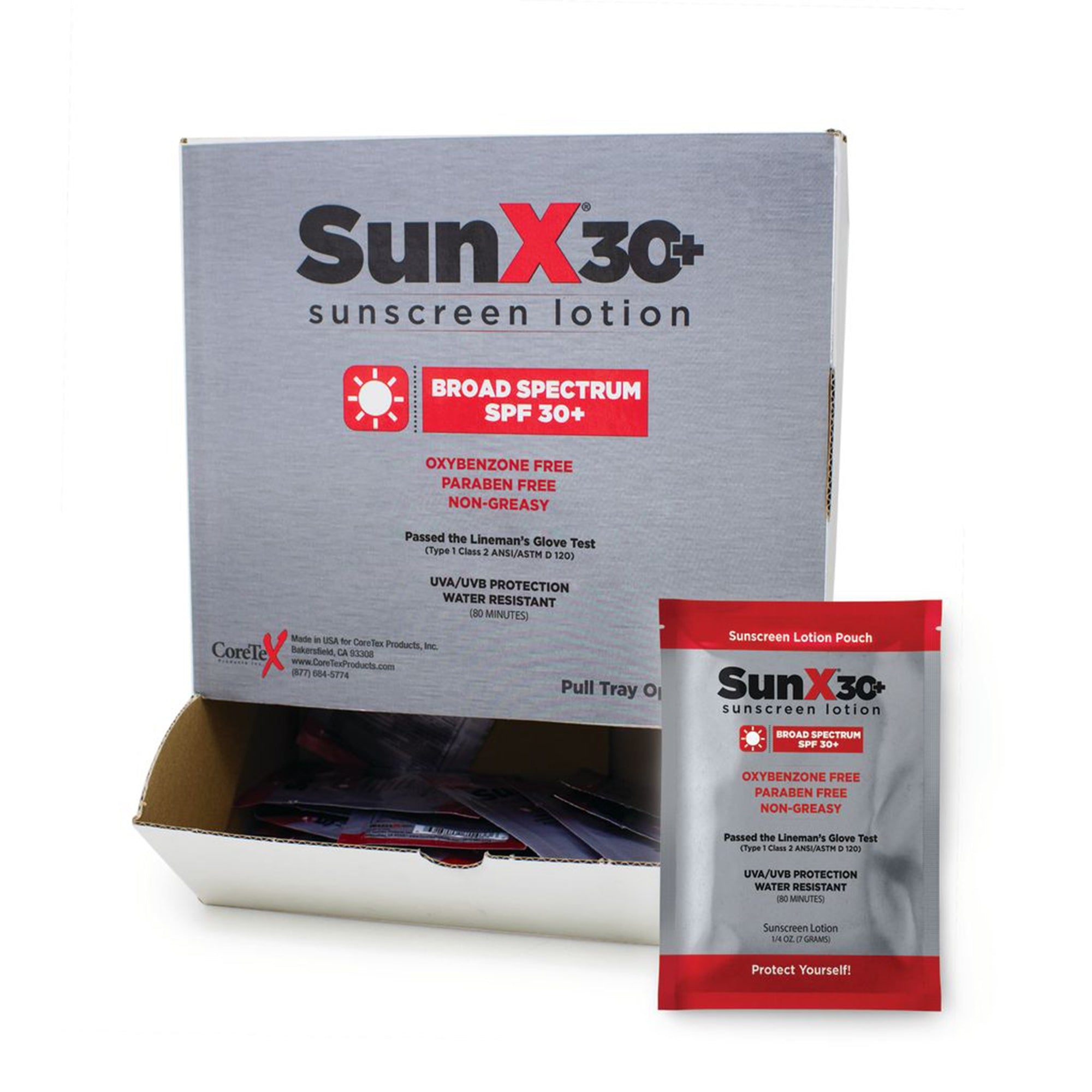 Sunscreen with Dispenser Box SunX 30+ SPF 30 Lotion 1.25 oz. Individual Packet, Packaging Type- Case