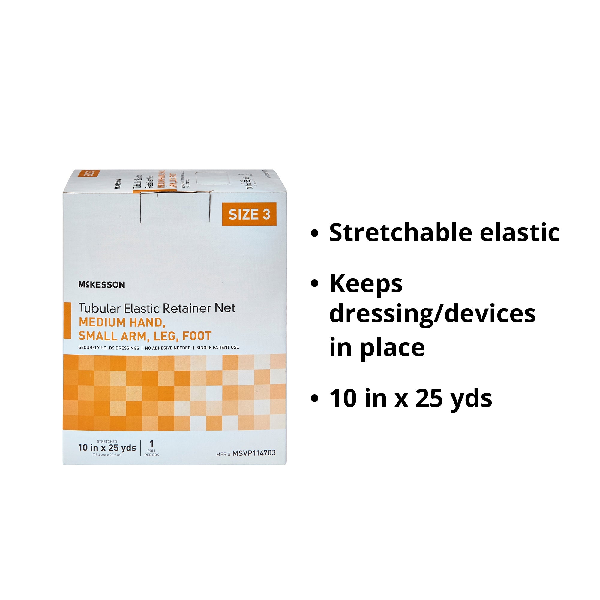 Elastic Net Retainer Dressing McKesson Tubular Elastic 10 Inch X 25 Yard (25.4 cm X 22.9 m) Size 3 White Medium Hand / Small Arm / Leg / Foot NonSterile