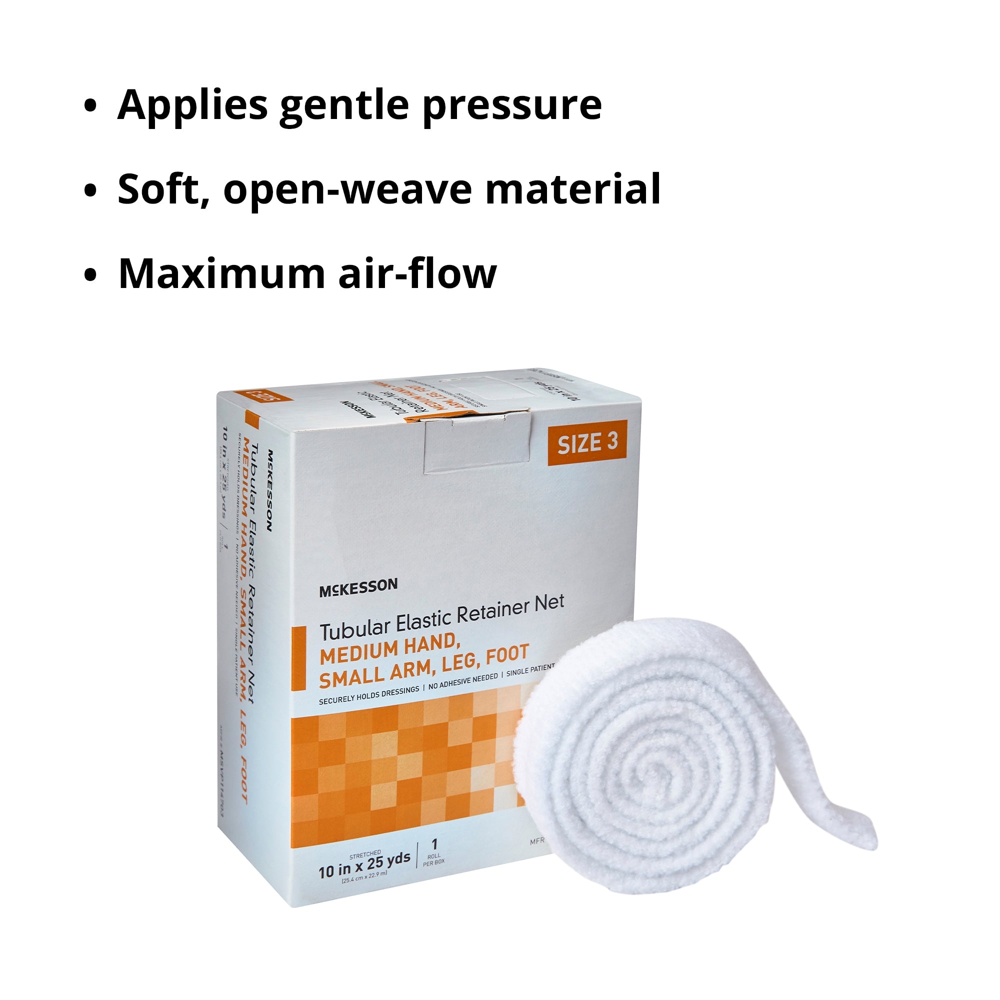 Elastic Net Retainer Dressing McKesson Tubular Elastic 10 Inch X 25 Yard (25.4 cm X 22.9 m) Size 3 White Medium Hand / Small Arm / Leg / Foot NonSterile