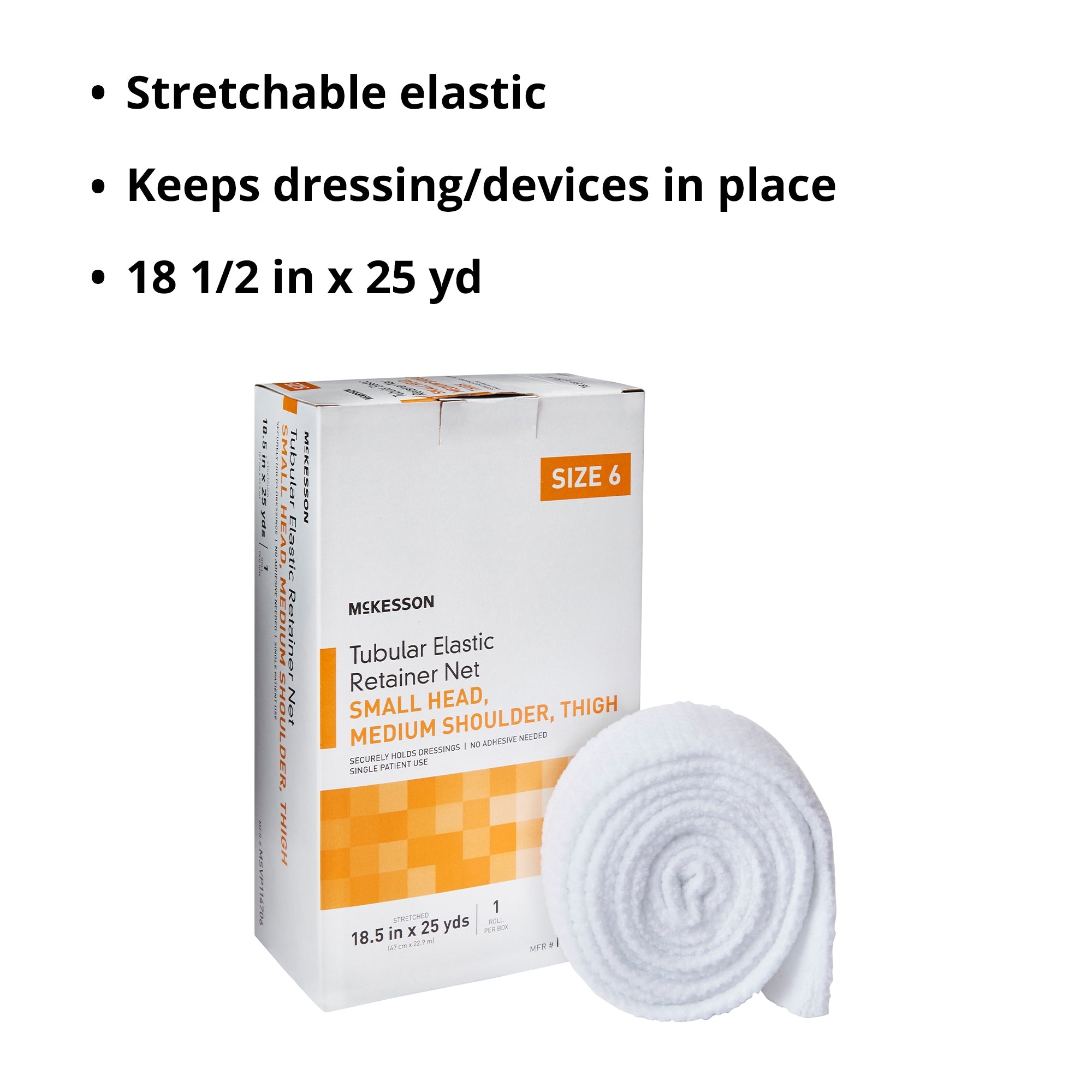 Elastic Net Retainer Dressing McKesson Tubular Elastic 18-1/2 Inch X 25 Yard (47 cm X 22.9 m) Size 6 White Small Head / Medium Shoulder / Thigh NonSterile