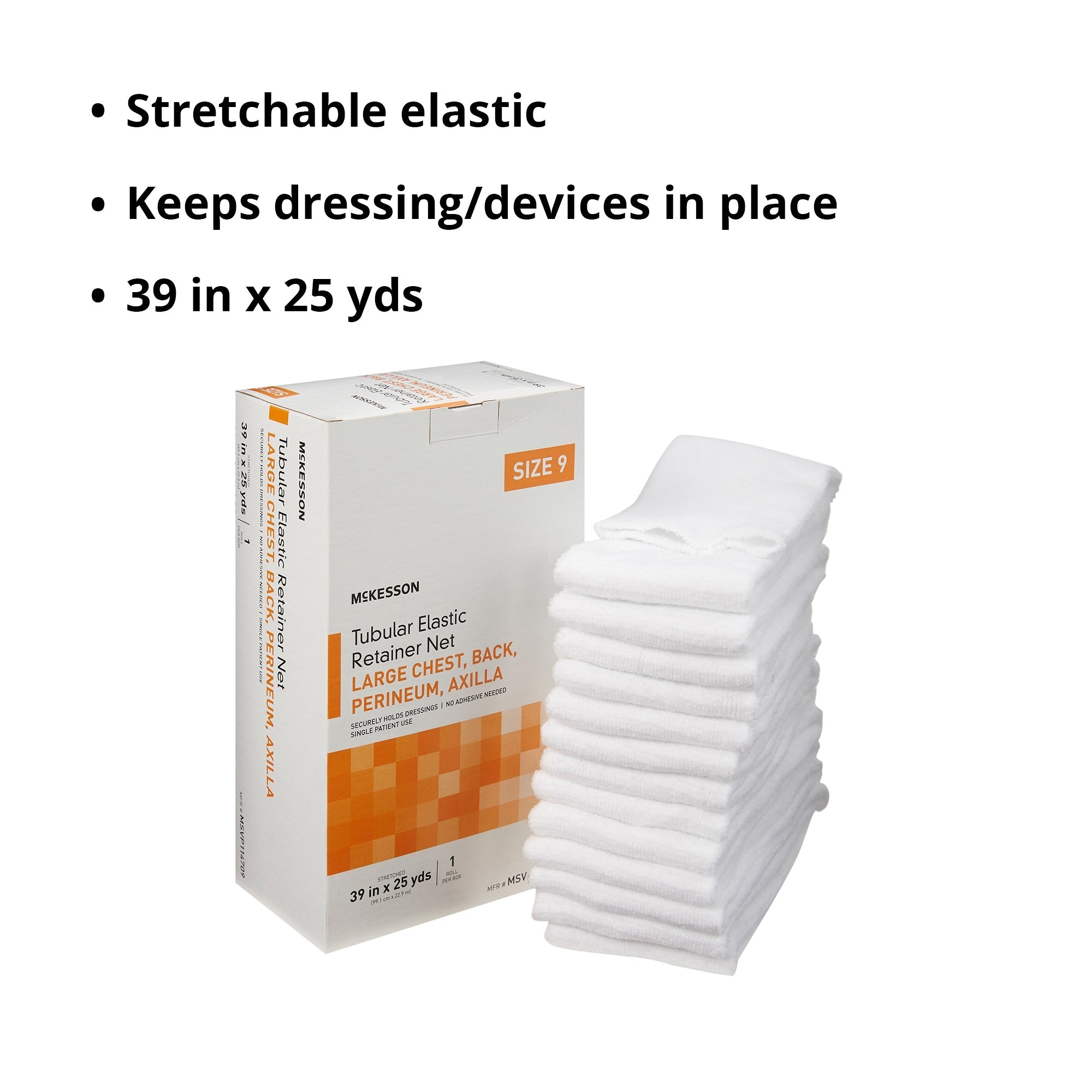 Elastic Net Retainer Dressing McKesson Tubular Elastic 39 Inch X 25 Yard (99.1 cm X 22.9 m) Size 9 White Large Chest / Back / Perineum / Axilla NonSterile