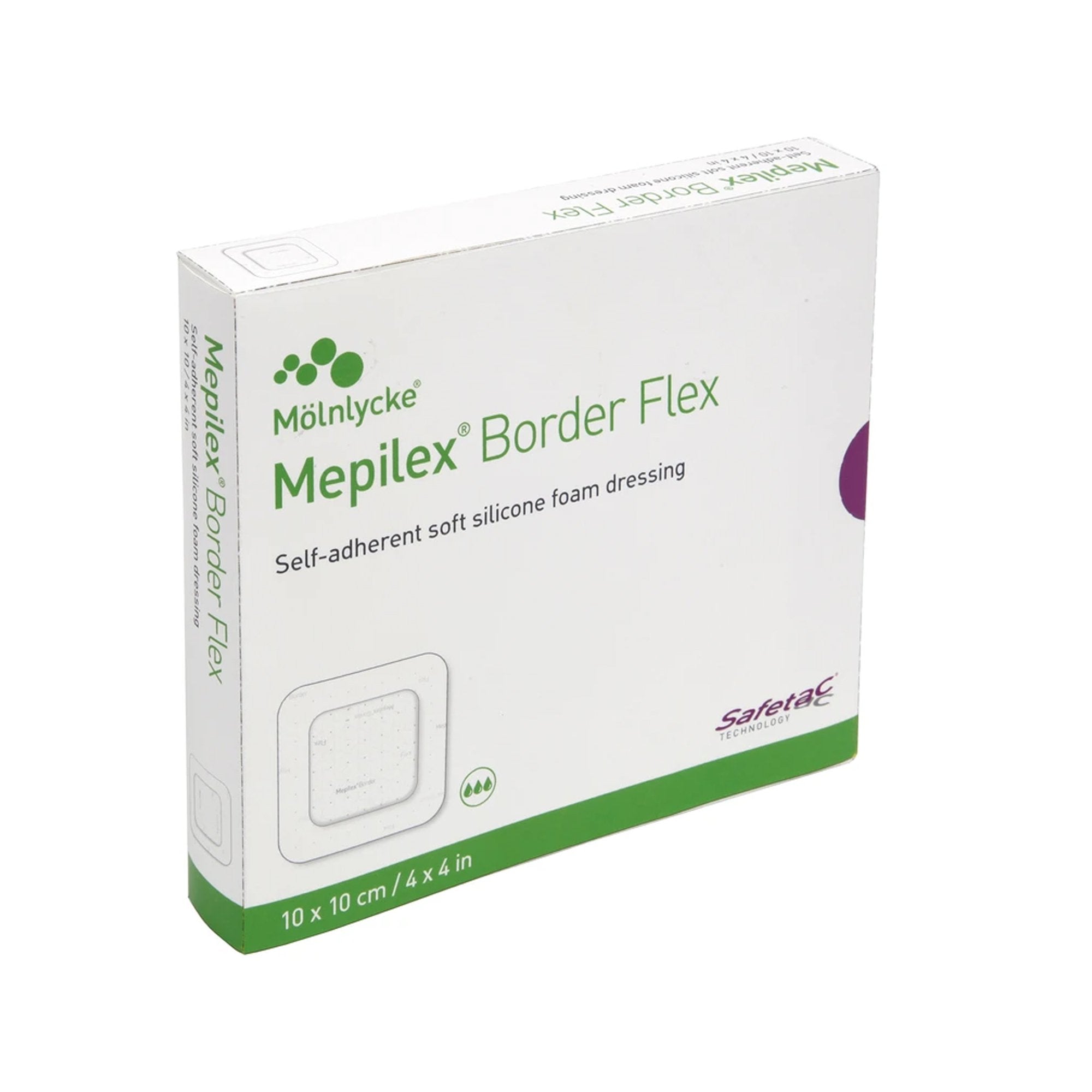 Apósito de espuma Mepilex Border Flex de 10 x 10 cm con borde y película adhesiva de silicona, cuadrado, estéril. Embalaje: caja.
