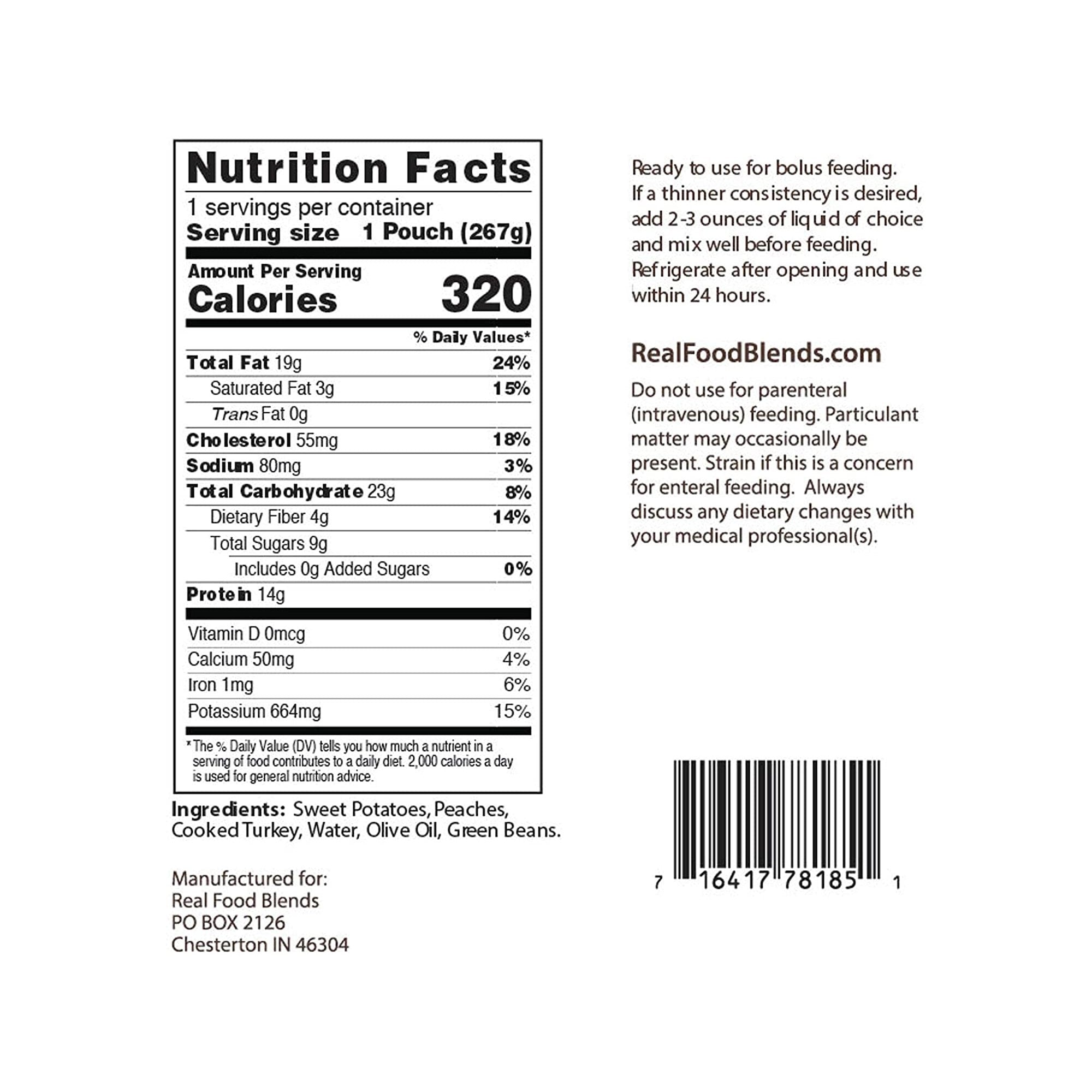 Tube Feeding Formula Real Food Blends Turkey / Sweet Potatoes / Peaches Flavor Liquid 9.4 oz. Pouch,Packaging Type- Each