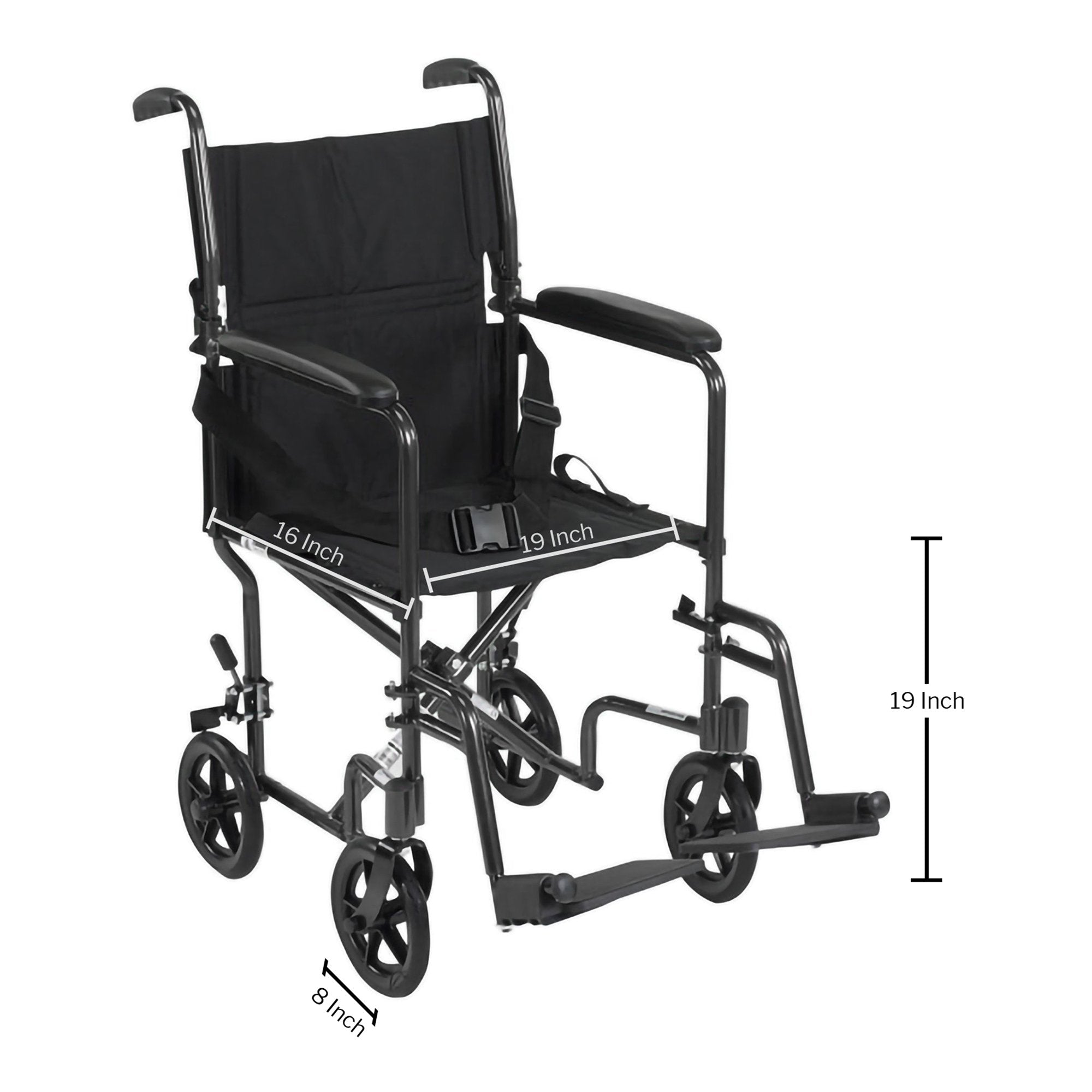 Transport Chair McKesson 19 Inch Seat Width Full Length Arm Swing-Away Footrest Aluminum Frame with Black Finish, Packaging Type- Each