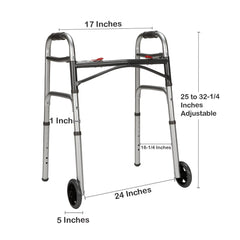 Dual Release Folding Walker with Wheels Adjustable Height McKesson Aluminum Frame 350 lbs. Weight Capacity 25 to 32-1/4 Inch Height, Packaging Type- Each
