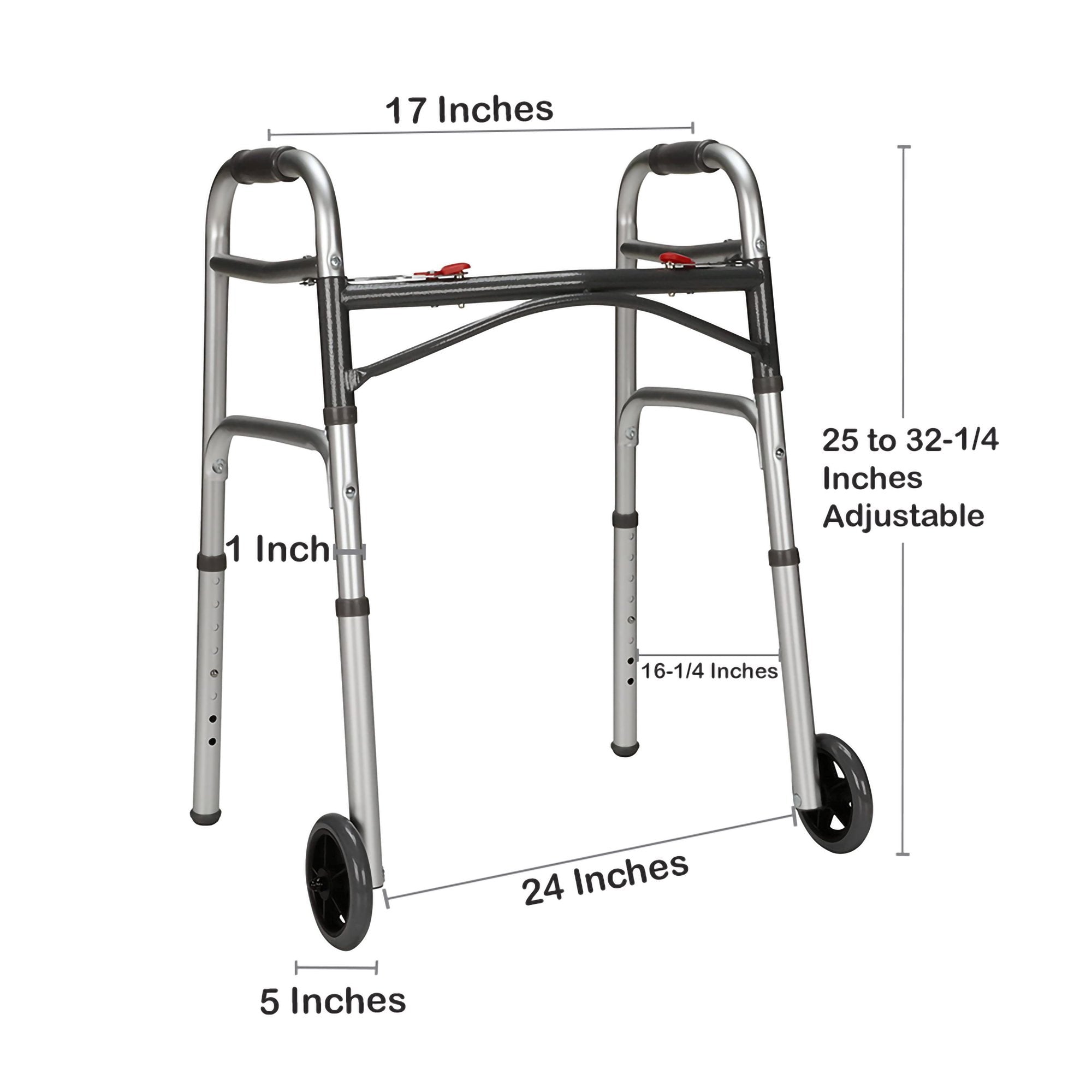Dual Release Folding Walker with Wheels Adjustable Height McKesson Aluminum Frame 350 lbs. Weight Capacity 25 to 32-1/4 Inch Height, Packaging Type- Each