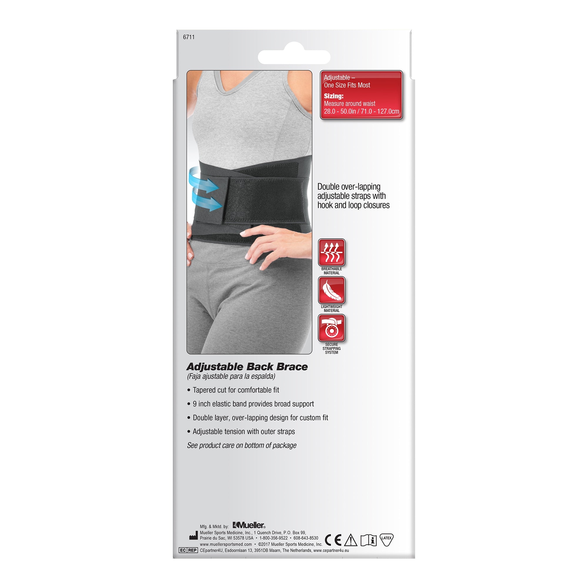 Back Brace Mueller One Size Fits Most Hook and Loop Strap Closure 28 to 50 Inch Waist Circumference Adult