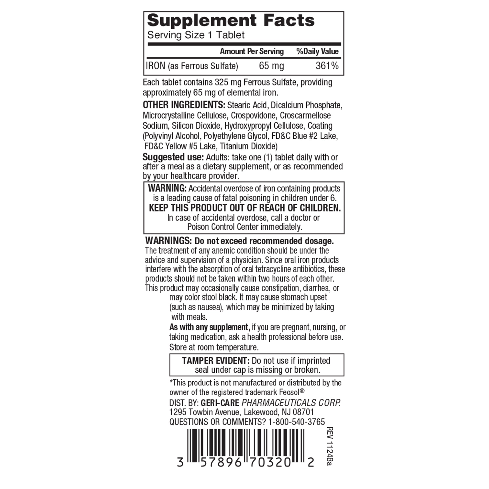 Mineral Supplement Geri Care® Iron 325 mg Strength Tablet 200 per Bottle