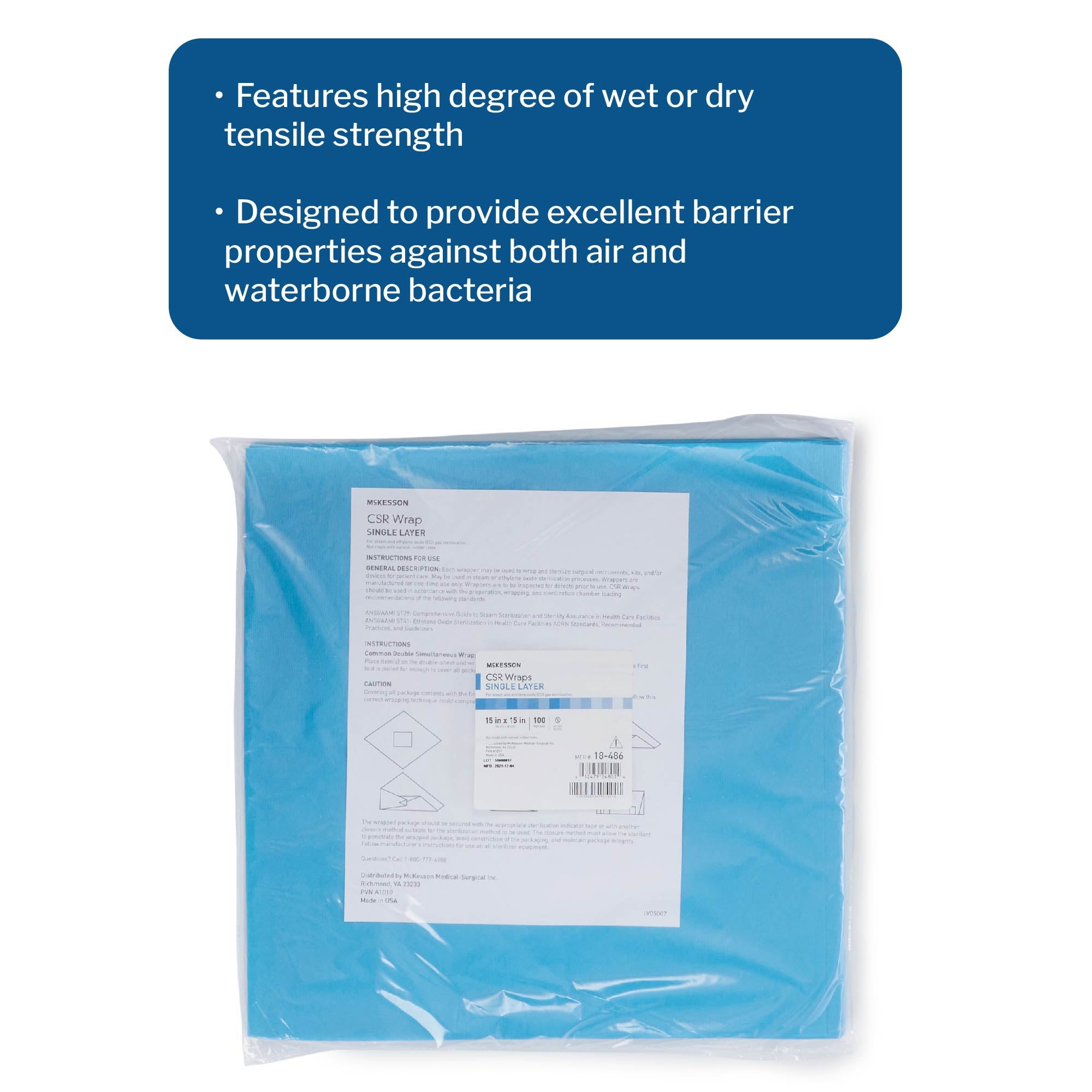 McKesson Sterilization Wrap Blue 15 X 15 Inch Single Layer Cellulose Steam / EO Gas, Packaging Type- Case