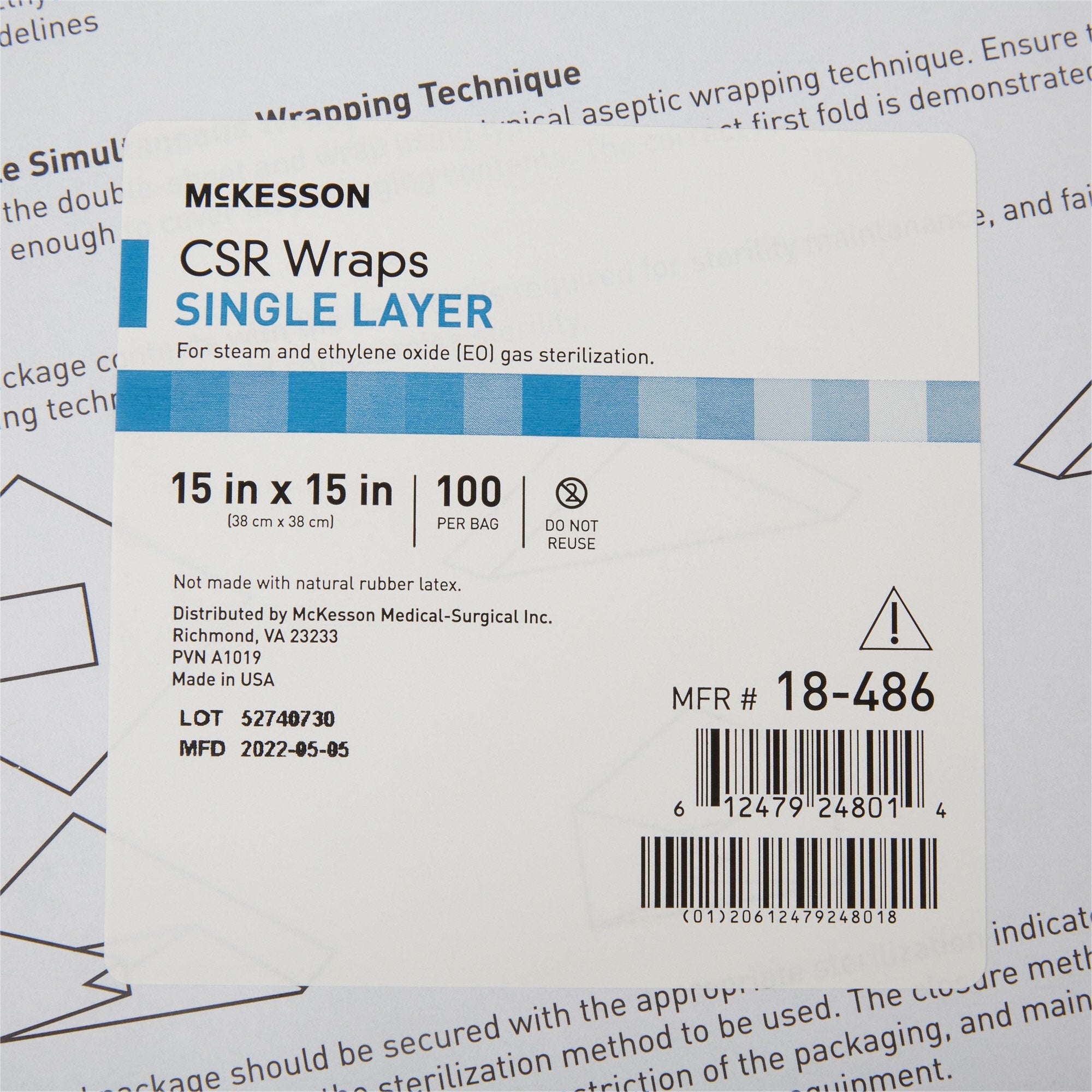 McKesson Sterilization Wrap Blue 15 X 15 Inch Single Layer Cellulose Steam / EO Gas, Packaging Type- Case
