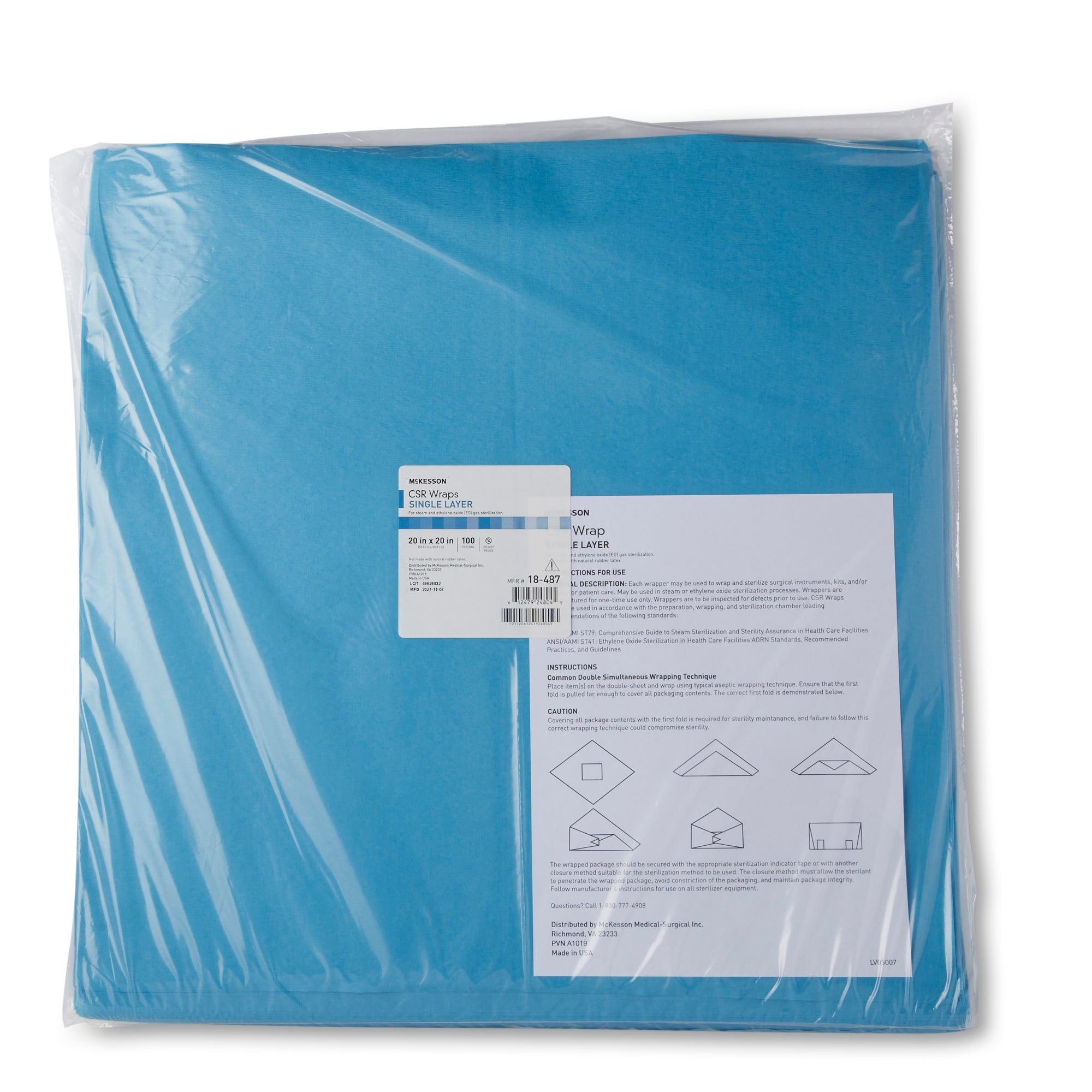 McKesson Sterilization Wrap Blue 20 X 20 Inch Single Layer Cellulose Steam / EO Gas