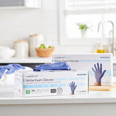exam glove mckesson confiderm ldc medium nonsterile nitrile standard cuff length fully textured blue chemo tested fentanyl tested packaging type box