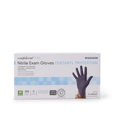 exam glove mckesson confiderm ldc medium nonsterile nitrile standard cuff length fully textured blue chemo tested fentanyl tested packaging type box