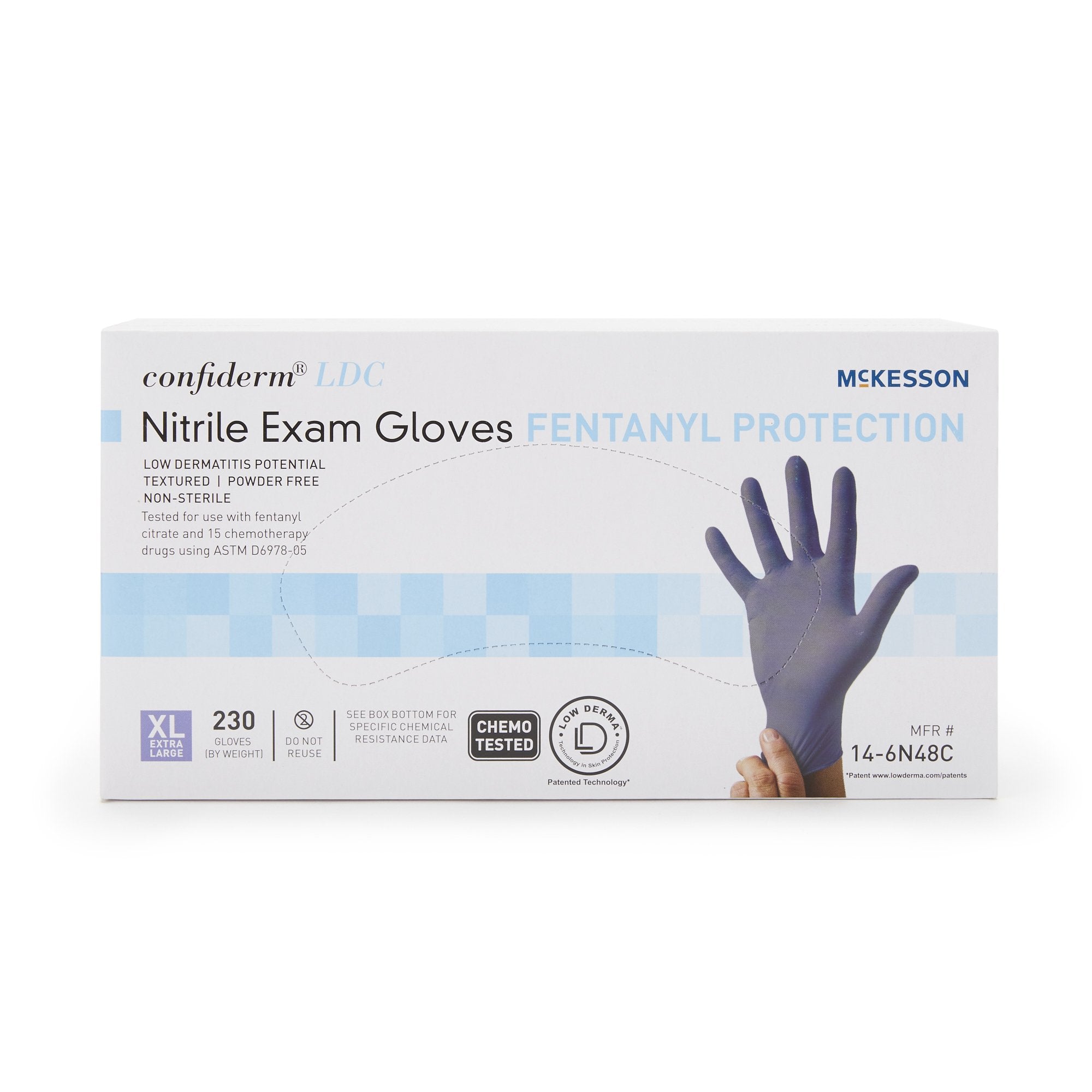 exam glove mckesson confiderm® ldc x large nonsterile nitrile standard cuff length fully textured blue chemo tested fentanyl tested