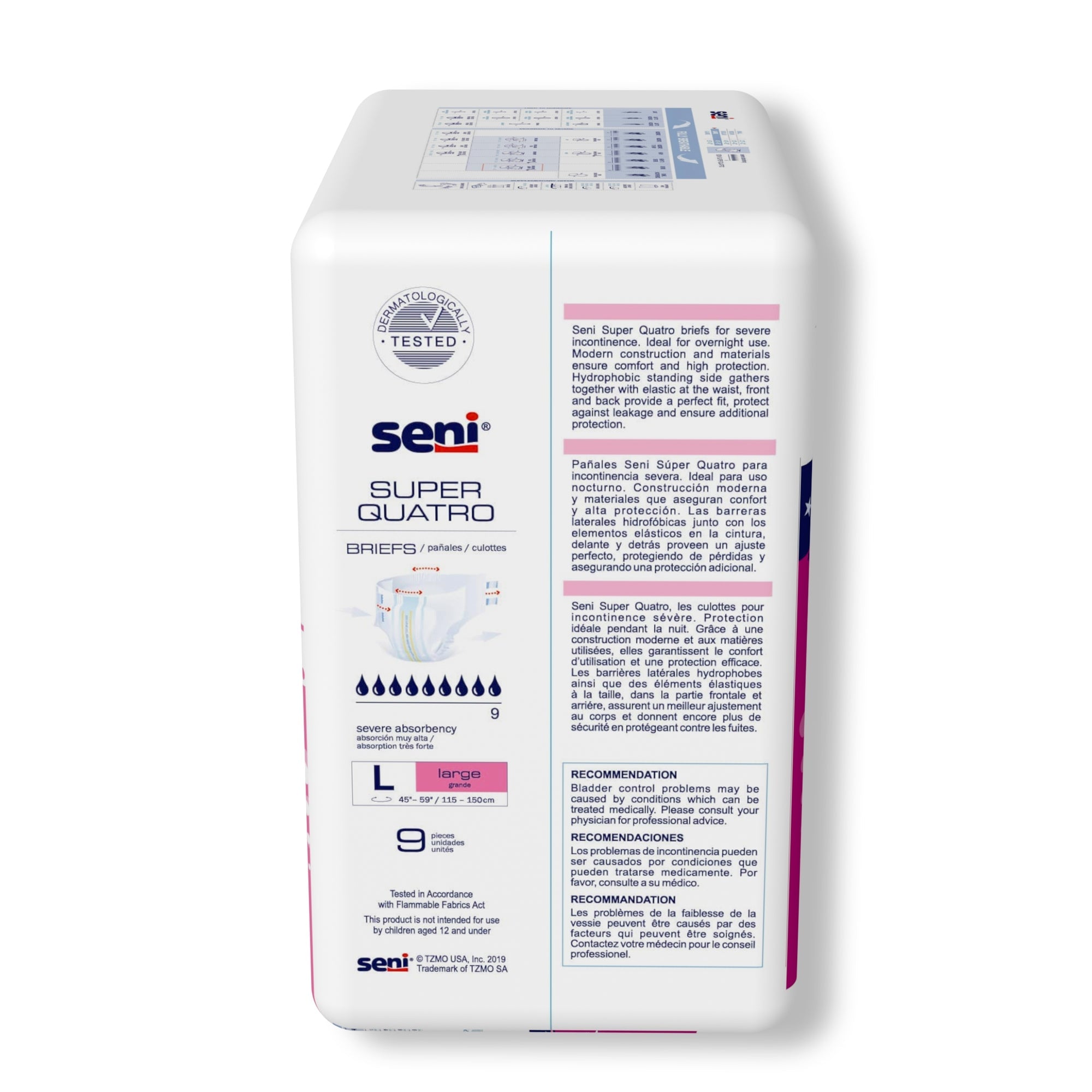 Pañal desechable para incontinencia unisex para adultos Seni Super Quatro, tamaño grande, de alta absorción. Tipo de embalaje: caja.