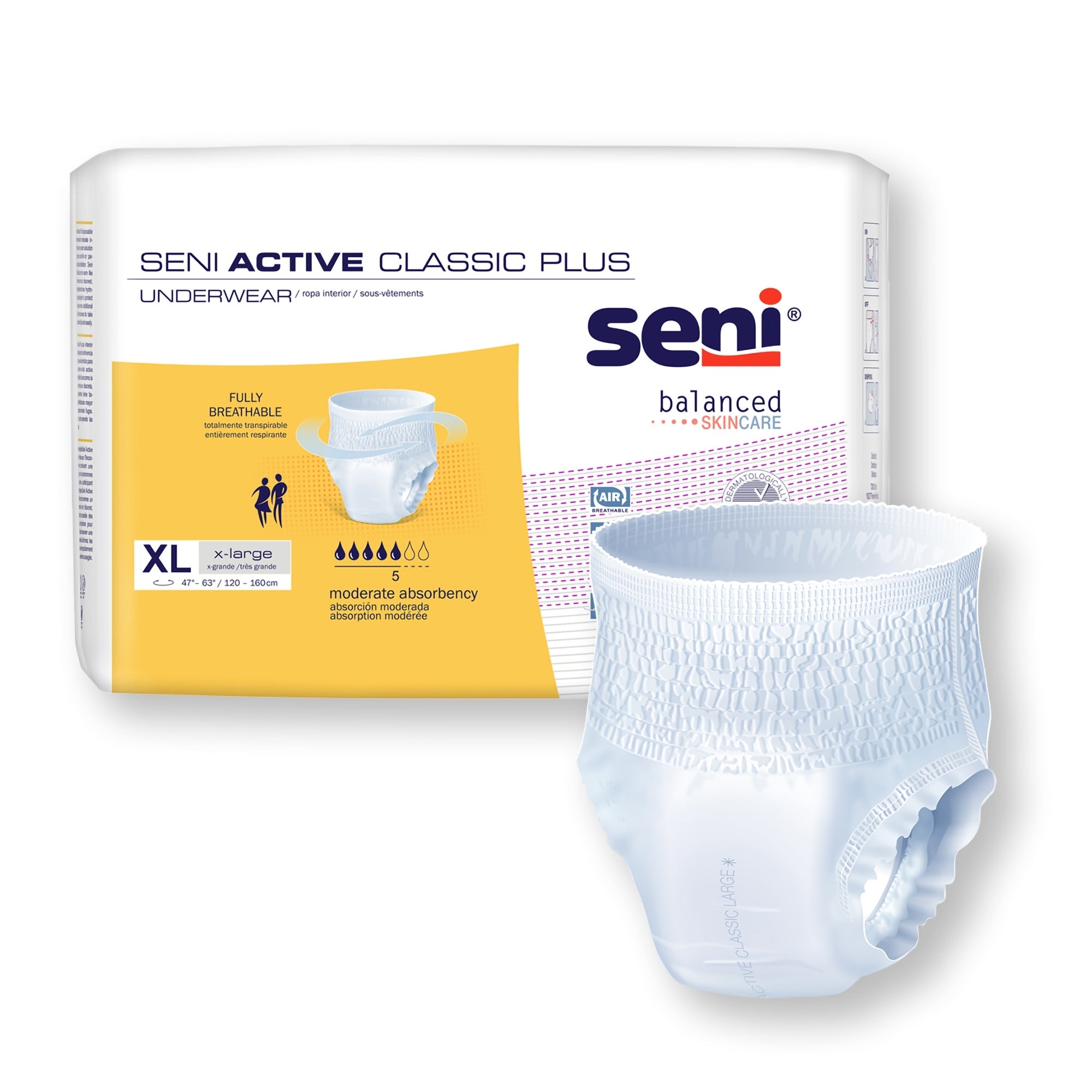 Unisex Adult Absorbent Underwear Seni Active Classic Plus Pull On with Tear Away Seams X-Large Disposable Moderate Absorbency, Packaging Type- Case
