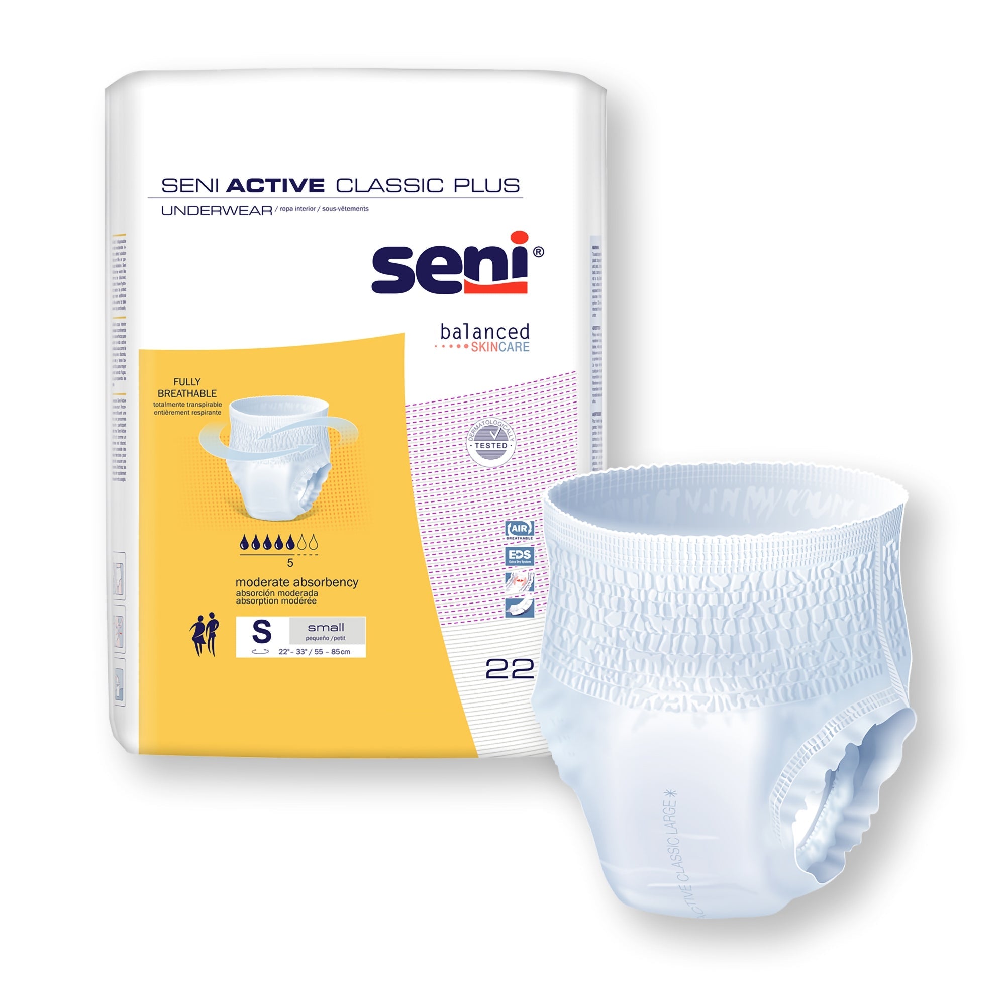 Unisex Adult Absorbent Underwear Seni Active Classic Plus Pull On with Tear Away Seams Small Disposable Moderate Absorbency, Packaging Type- Case