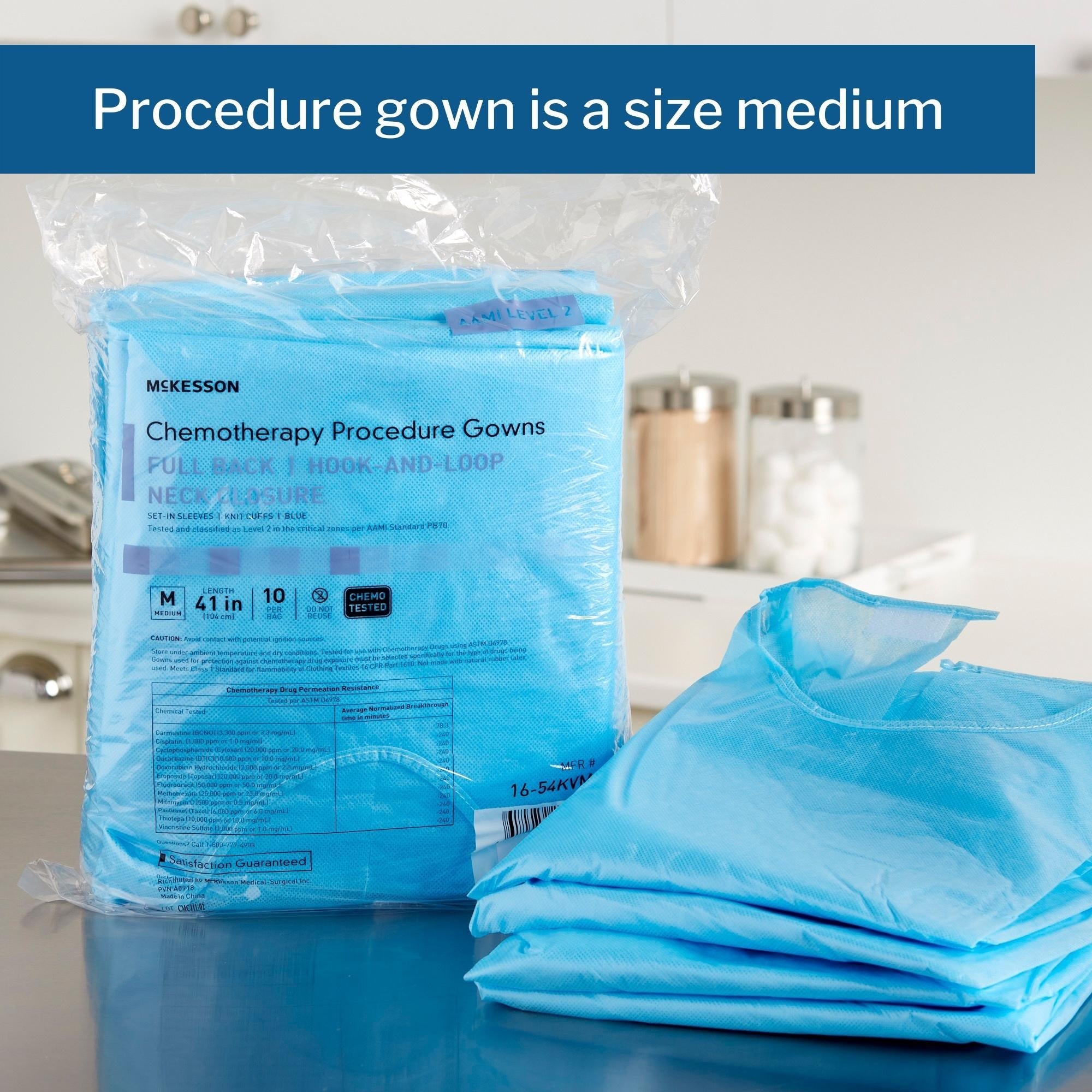 Chemotherapy Procedure Gown McKesson Medium Blue NonSterile AAMI Level 2 / ASTM D6978 Disposable, Packaging Type- Case