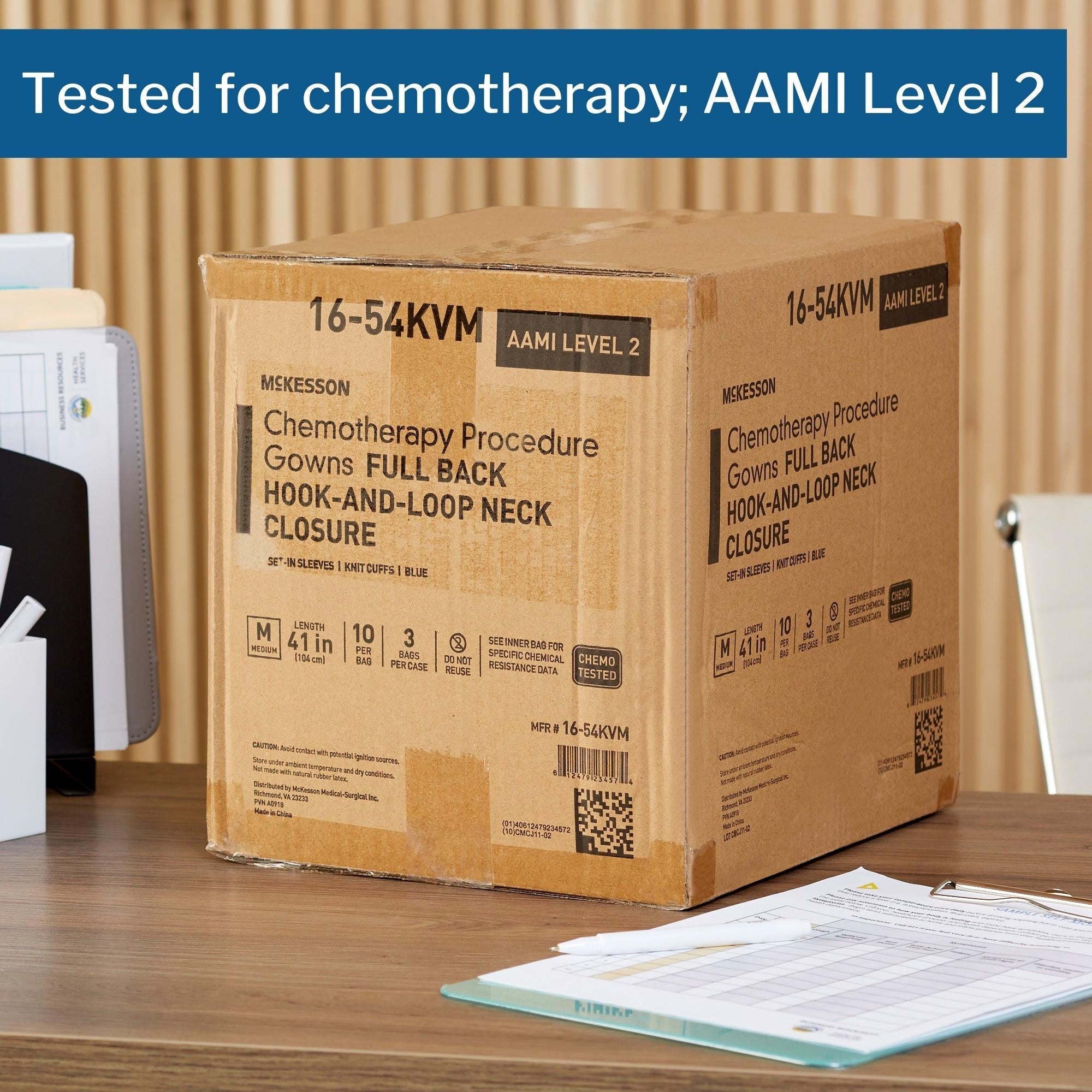 Chemotherapy Procedure Gown McKesson Medium Blue NonSterile AAMI Level 2 / ASTM D6978 Disposable, Packaging Type- Case