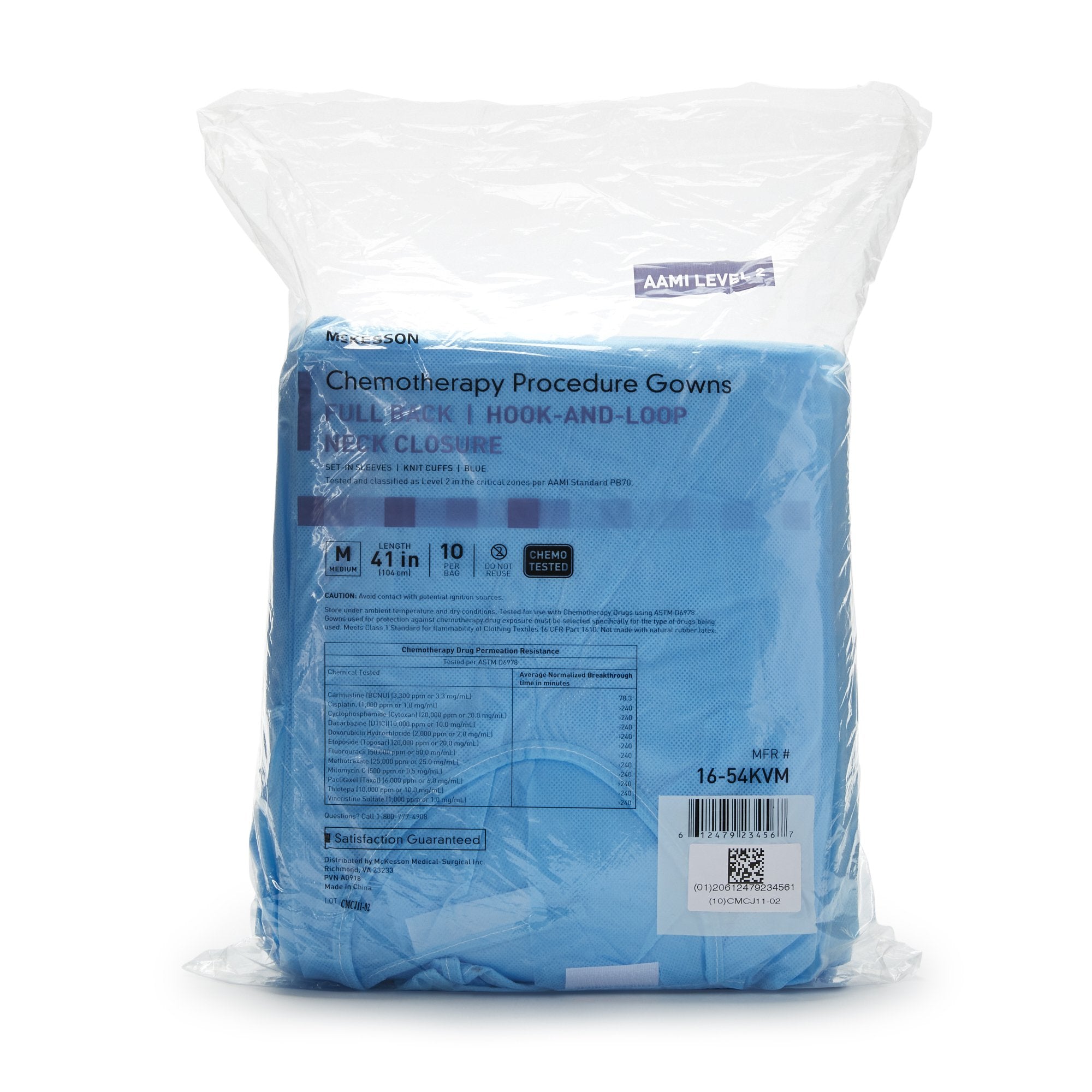 Chemotherapy Procedure Gown McKesson Medium Blue NonSterile AAMI Level 2 / ASTM D6978 Disposable, Packaging Type- Case