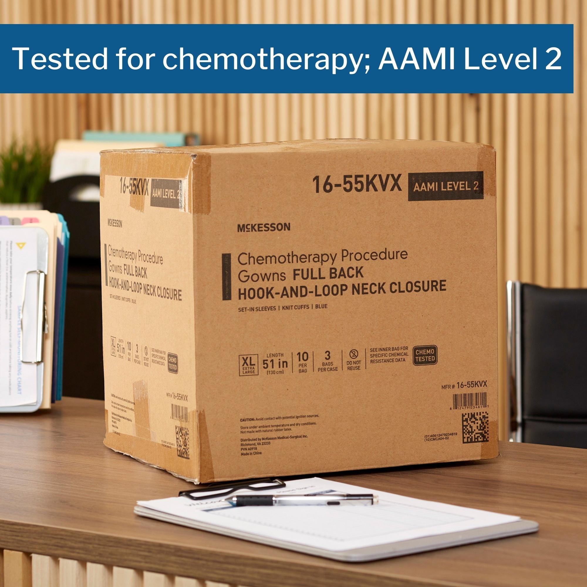 Chemotherapy Procedure Gown McKesson X-Large Blue NonSterile AAMI Level 2 / ASTM D6978 Disposable, Packaging Type- Case