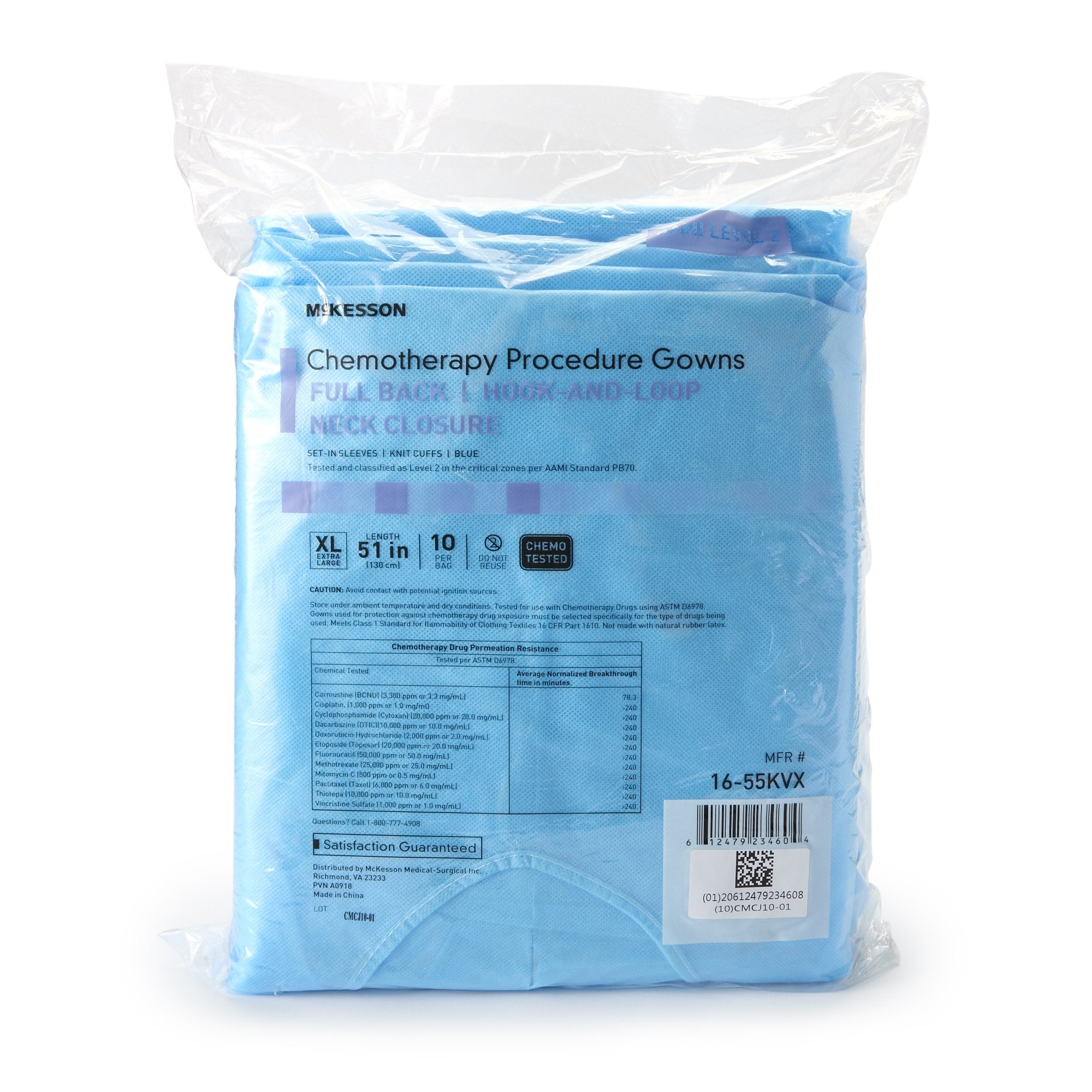 Chemotherapy Procedure Gown McKesson X-Large Blue NonSterile AAMI Level 2 / ASTM D6978 Disposable, Packaging Type- Case