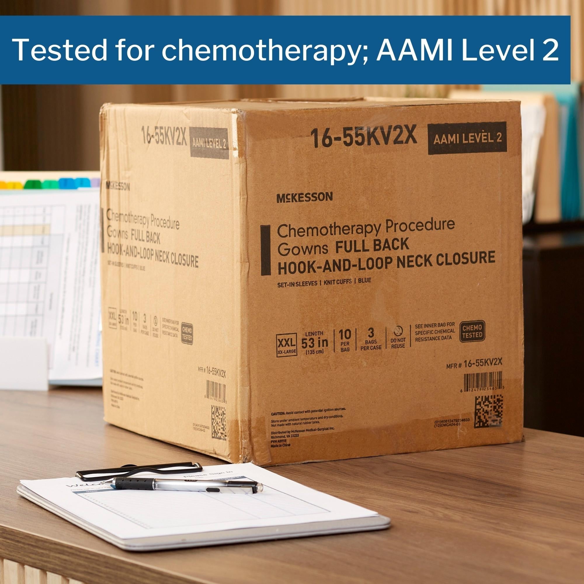 Chemotherapy Procedure Gown McKesson 2X-Large Blue NonSterile AAMI Level 2 / ASTM D6978 Disposable, Packaging Type- Case