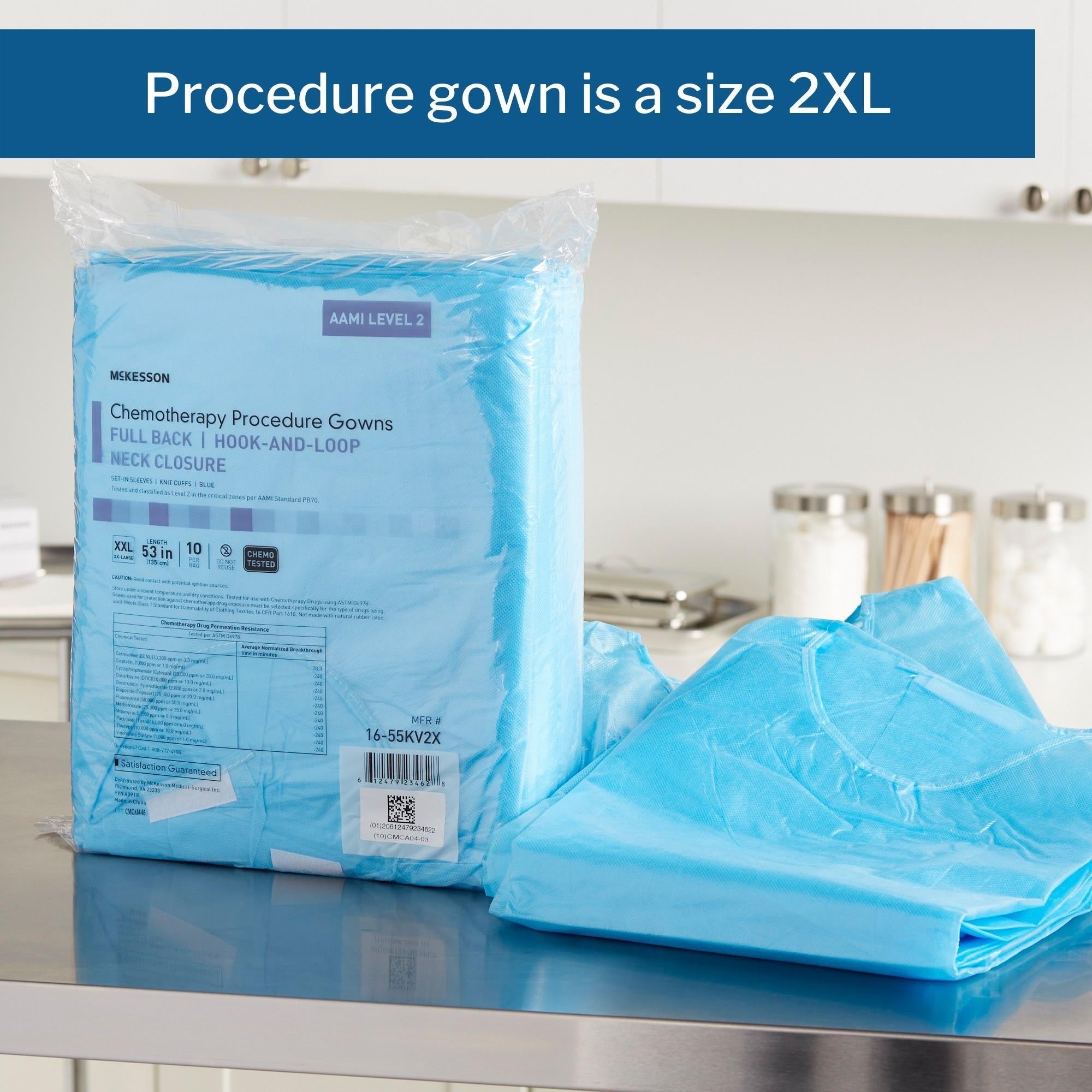 Chemotherapy Procedure Gown McKesson 2X-Large Blue NonSterile AAMI Level 2 / ASTM D6978 Disposable, Packaging Type- Case