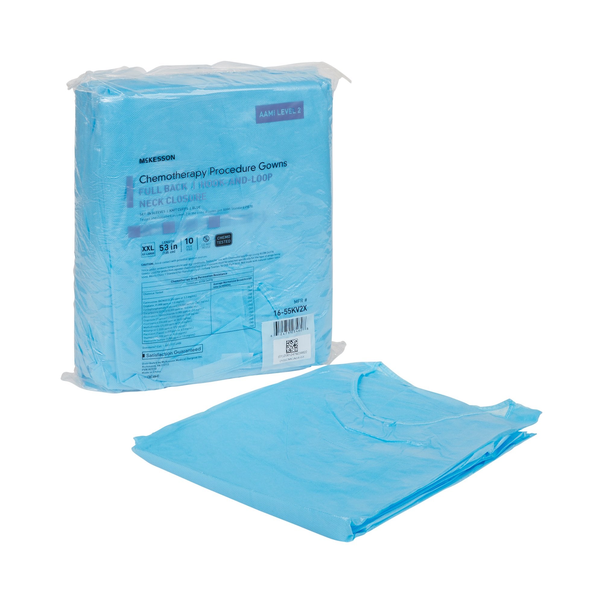 Chemotherapy Procedure Gown McKesson 2X-Large Blue NonSterile AAMI Level 2 / ASTM D6978 Disposable, Packaging Type- Case