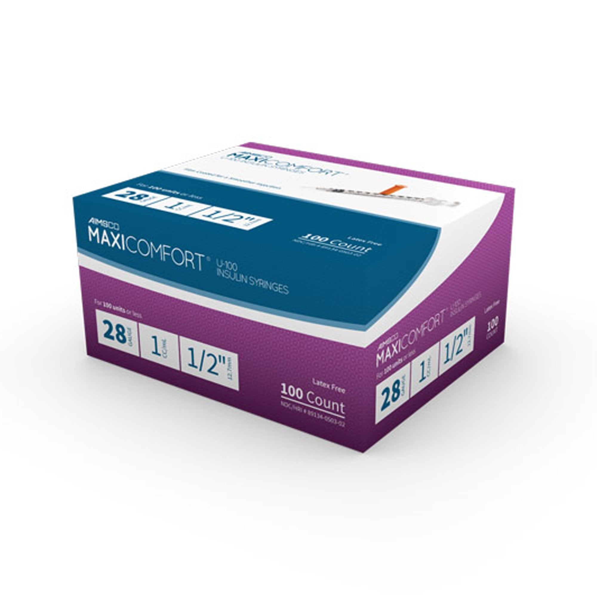 Standard Insulin Syringe with Needle AIMSCO 1 mL 1/2 Inch 28 Gauge NonSafety Ultra Thin Wall,Packaging Type- Box